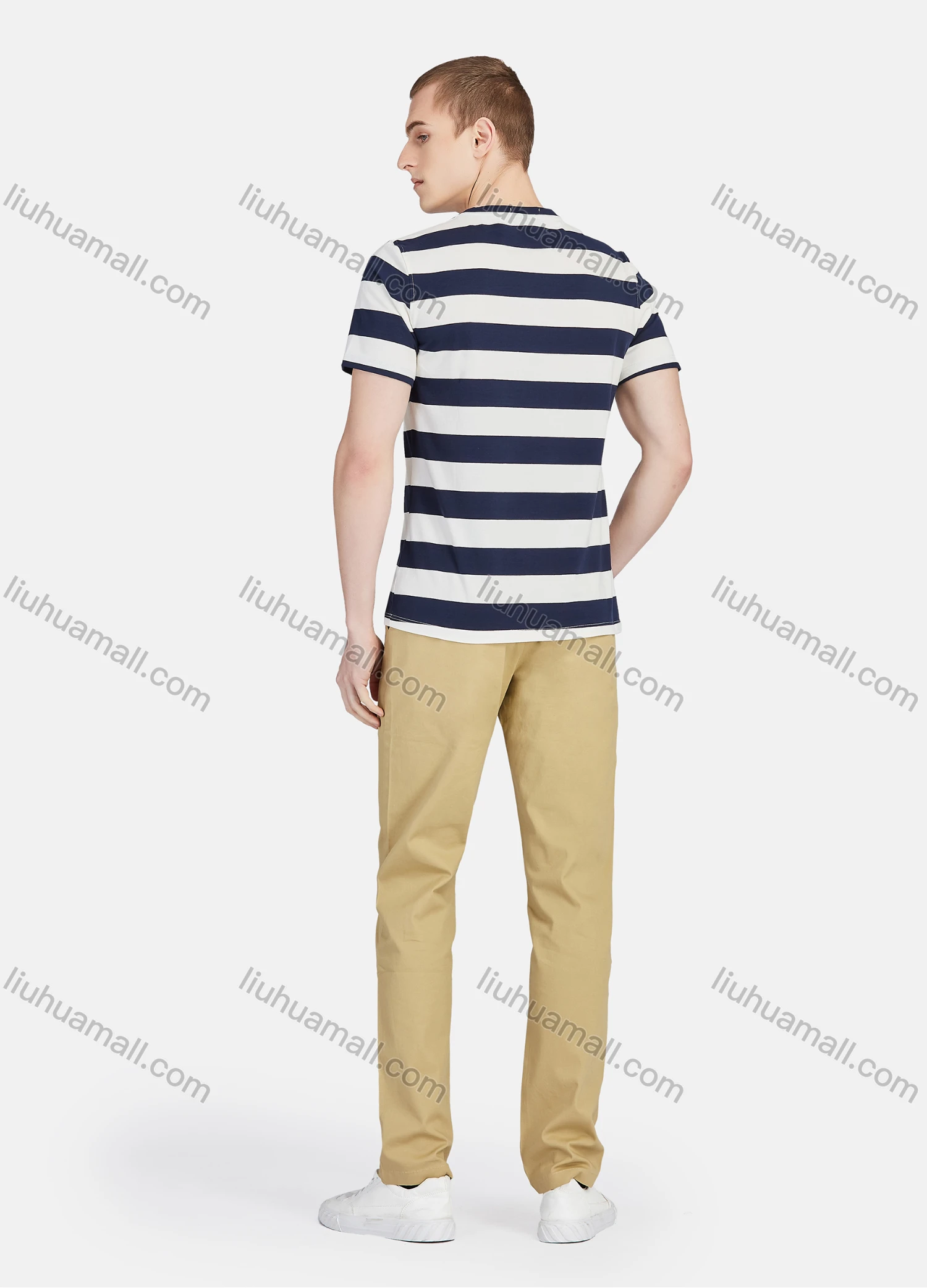 Wholesale Men's Round Neck Short Sleeve Striped Embroidery Casual T-shirt - Liuhuamall