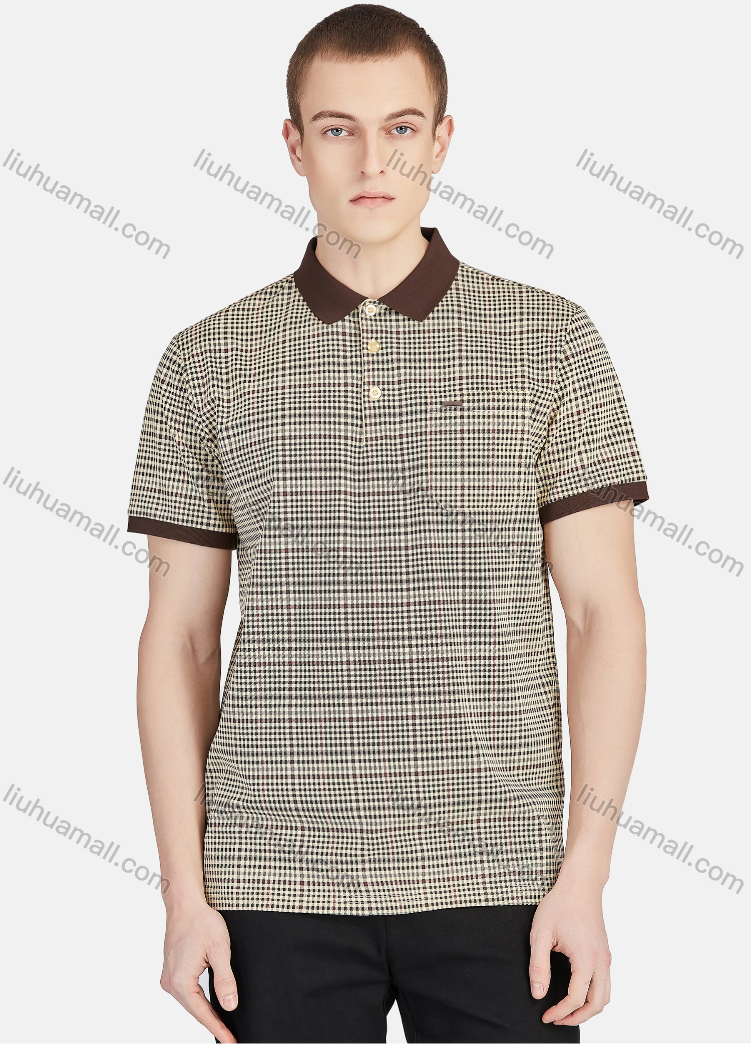 Wholesale Men's Short Sleeve Slim Fit Gingham Splicing Patch Pocket Casual Polo Shirt - Liuhuamall