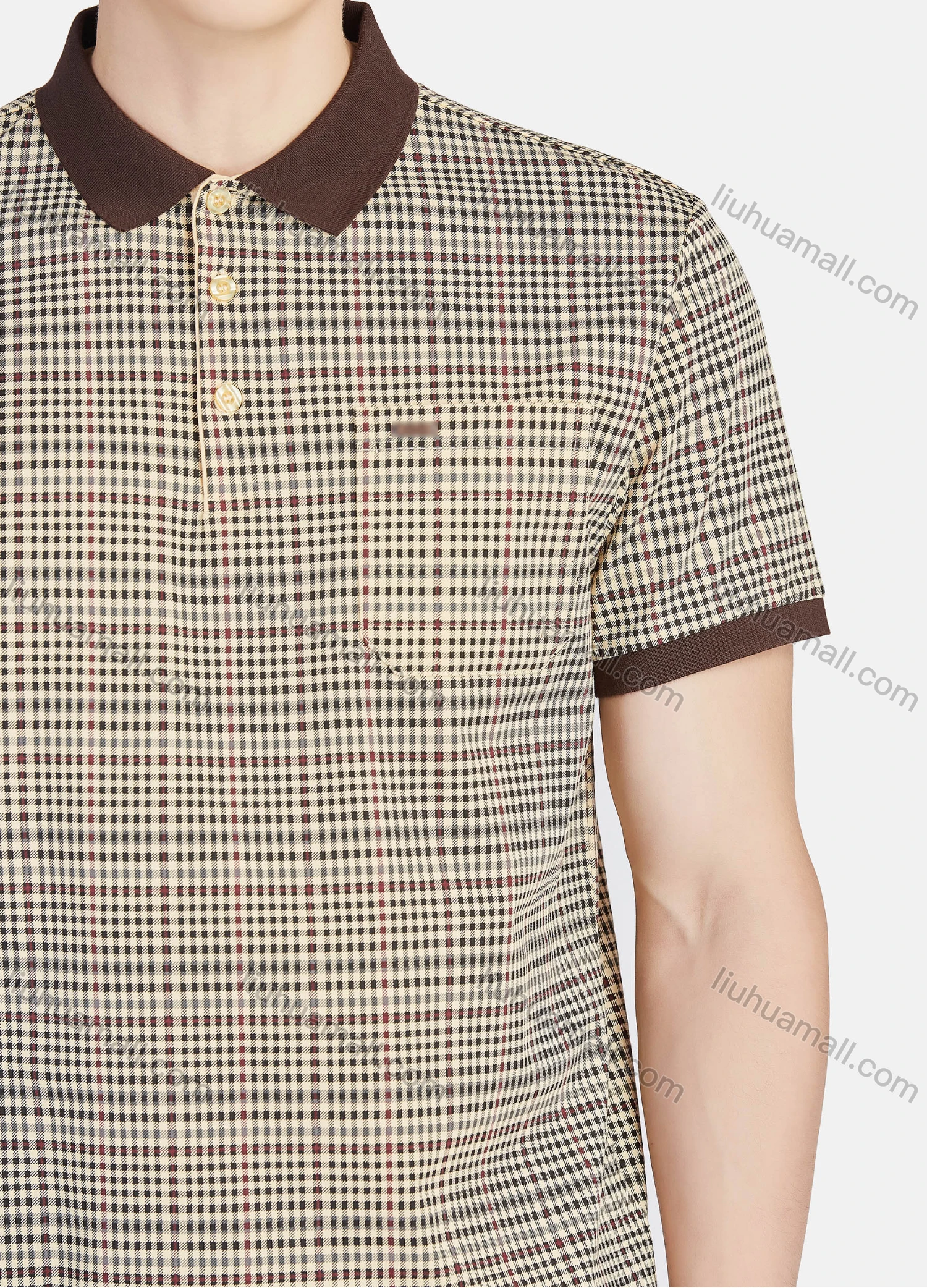 Wholesale Men's Short Sleeve Slim Fit Gingham Splicing Patch Pocket Casual Polo Shirt - Liuhuamall