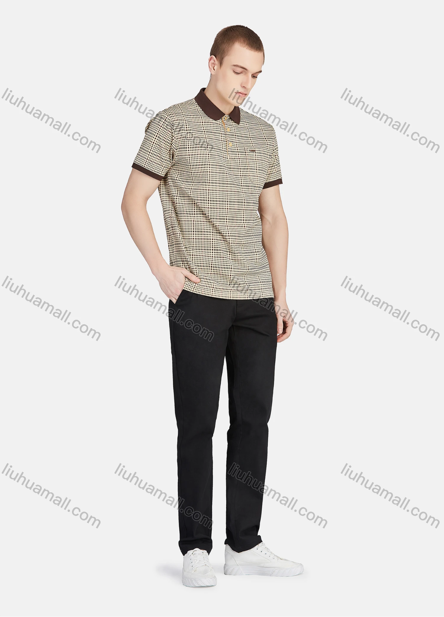 Wholesale Men's Short Sleeve Slim Fit Gingham Splicing Patch Pocket Casual Polo Shirt - Liuhuamall