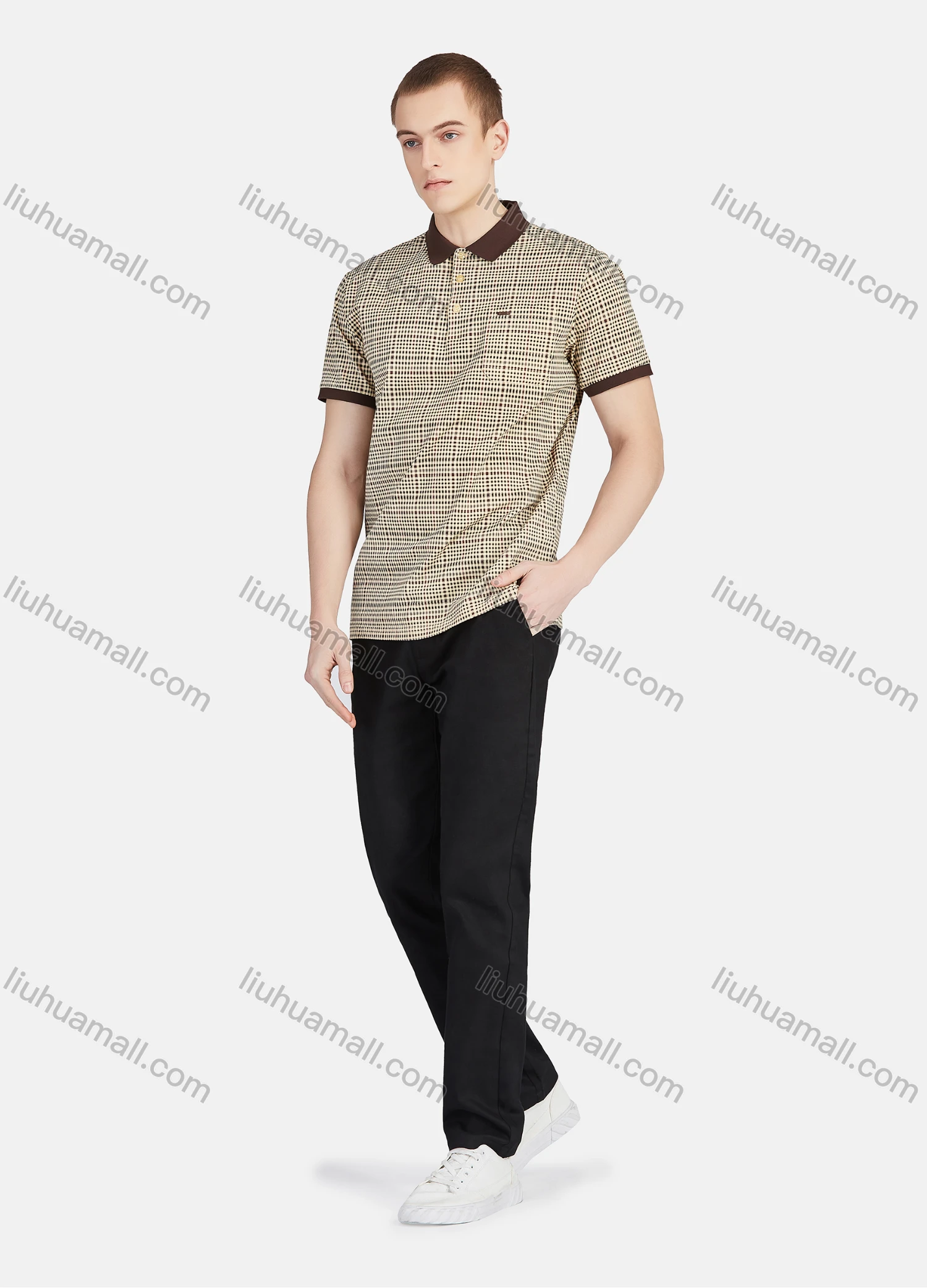 Wholesale Men's Short Sleeve Slim Fit Gingham Splicing Patch Pocket Casual Polo Shirt - Liuhuamall
