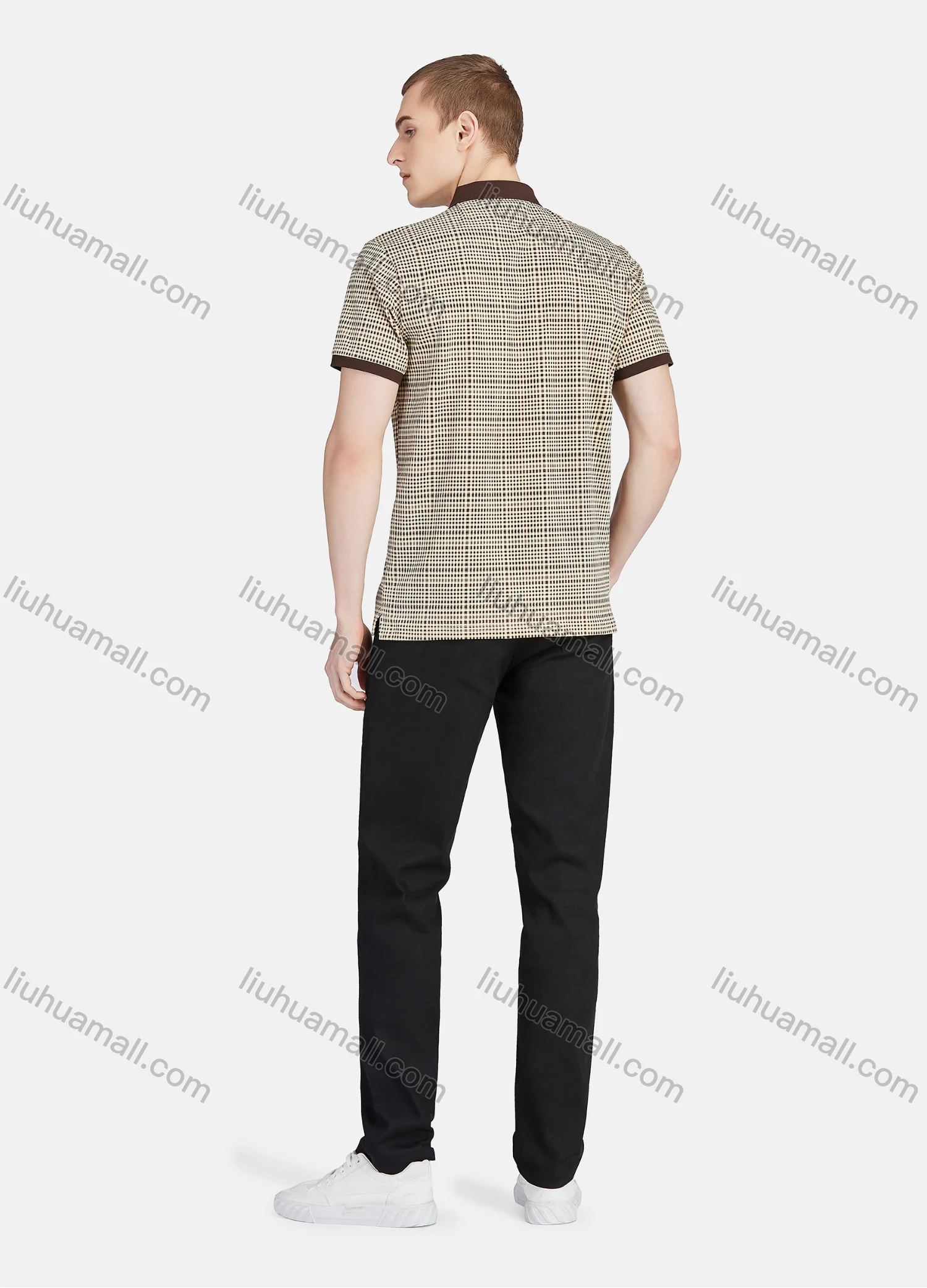 Wholesale Men's Short Sleeve Slim Fit Gingham Splicing Patch Pocket Casual Polo Shirt - Liuhuamall