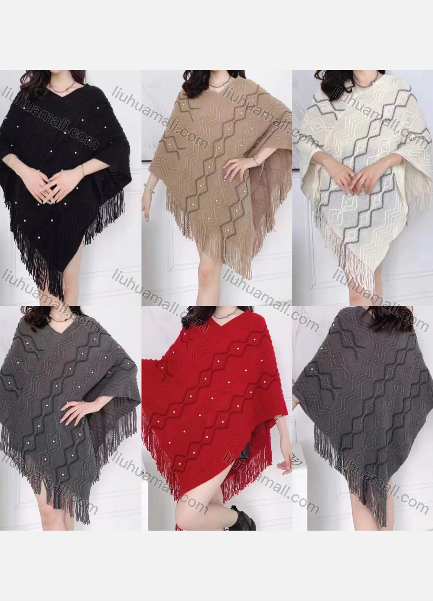 Wholesale Women's Casual Pearl Decro Wave Scarf Hem Knit Cape - Liuhuamall