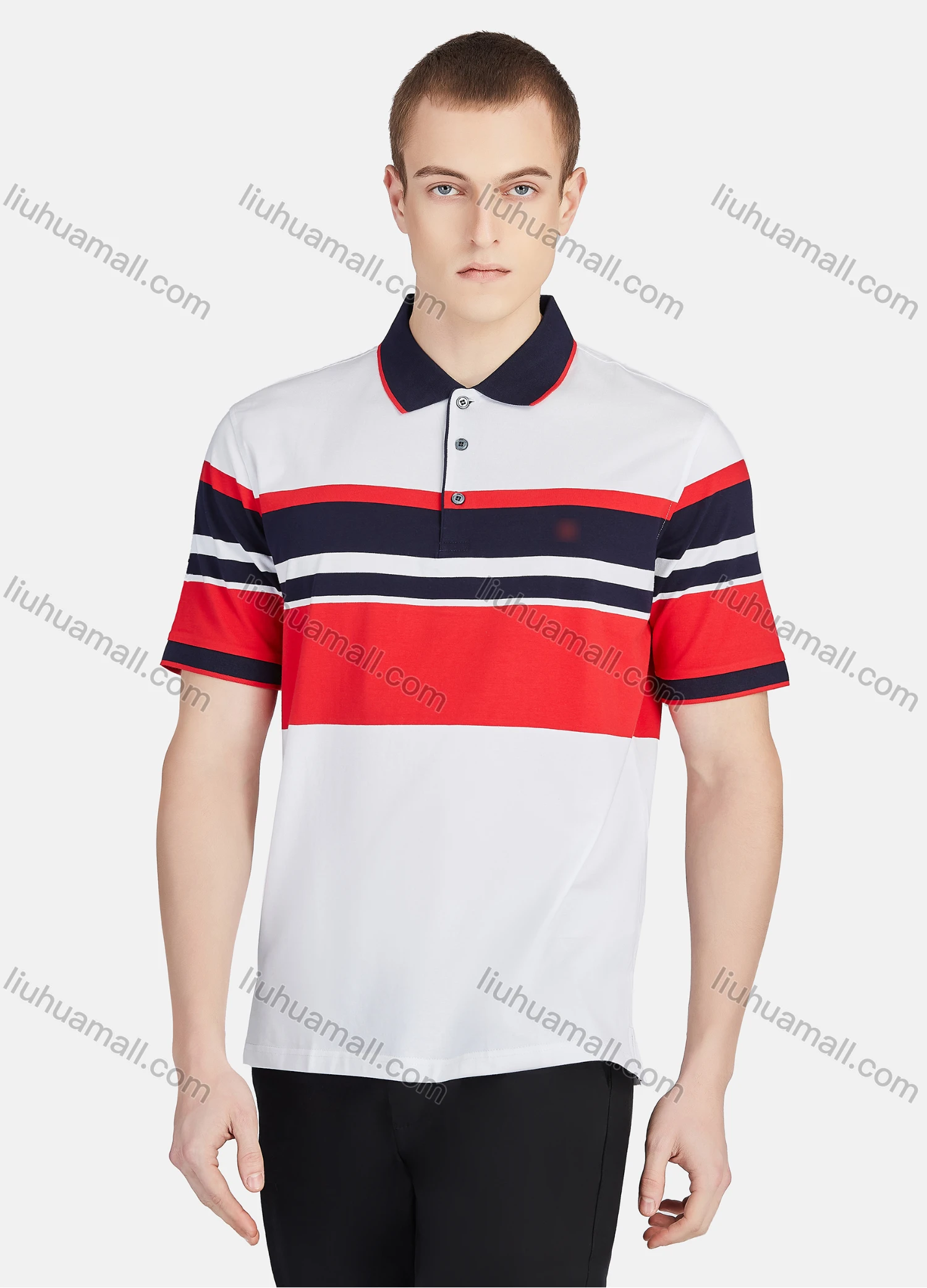Wholesale Men's Casual Striped Colorblock Slim Fit Short Sleeve Embroidery Polo Shirt - Liuhuamall