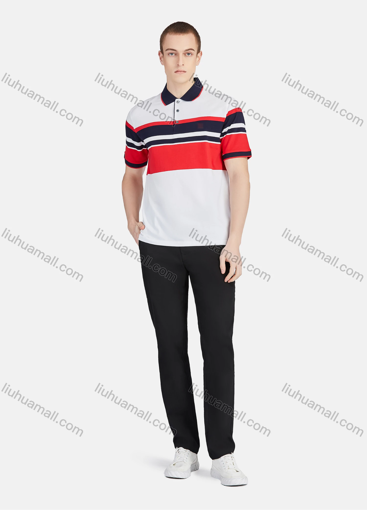 Wholesale Men's Casual Striped Colorblock Slim Fit Short Sleeve Embroidery Polo Shirt - Liuhuamall