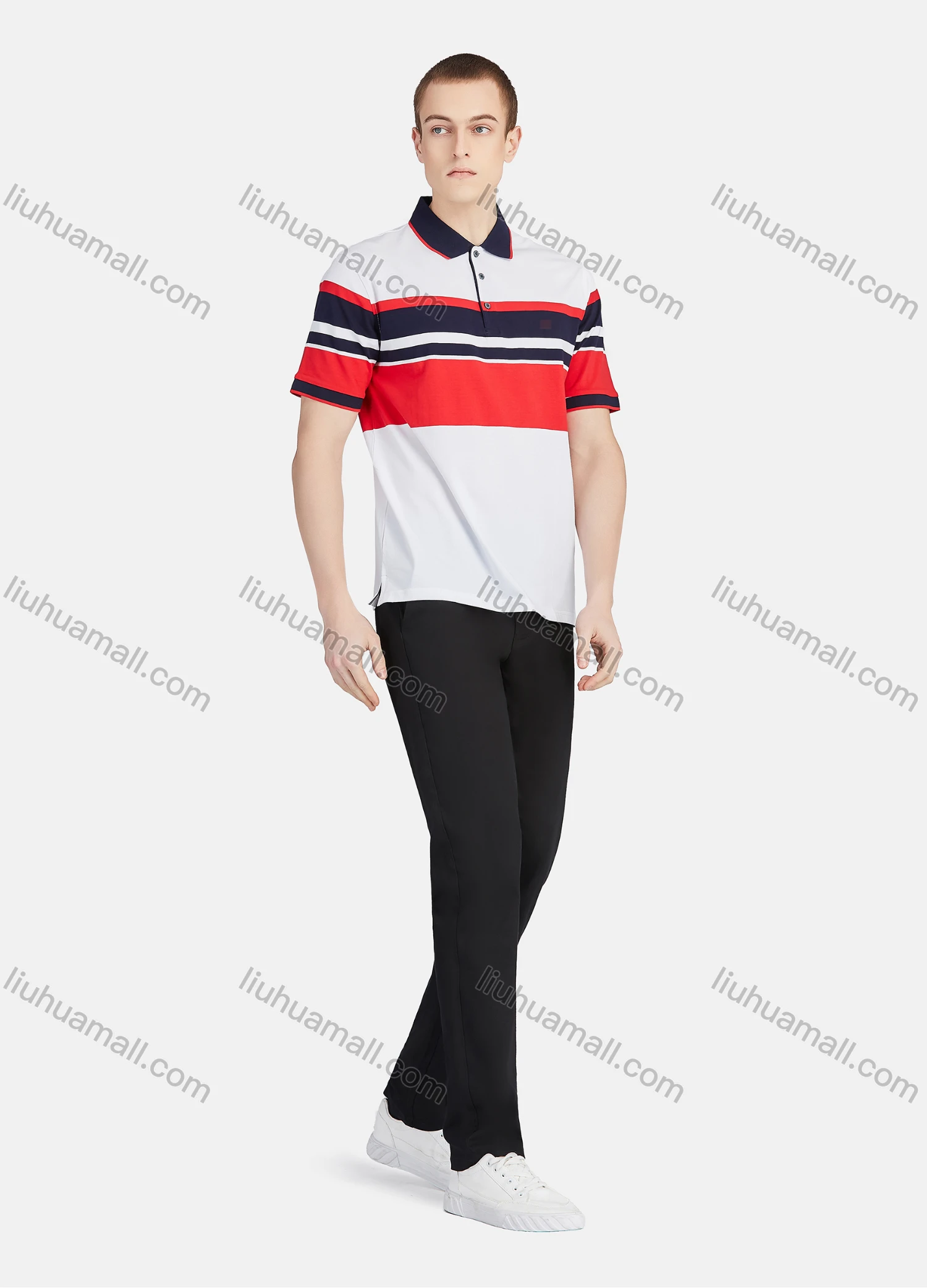 Wholesale Men's Casual Striped Colorblock Slim Fit Short Sleeve Embroidery Polo Shirt - Liuhuamall