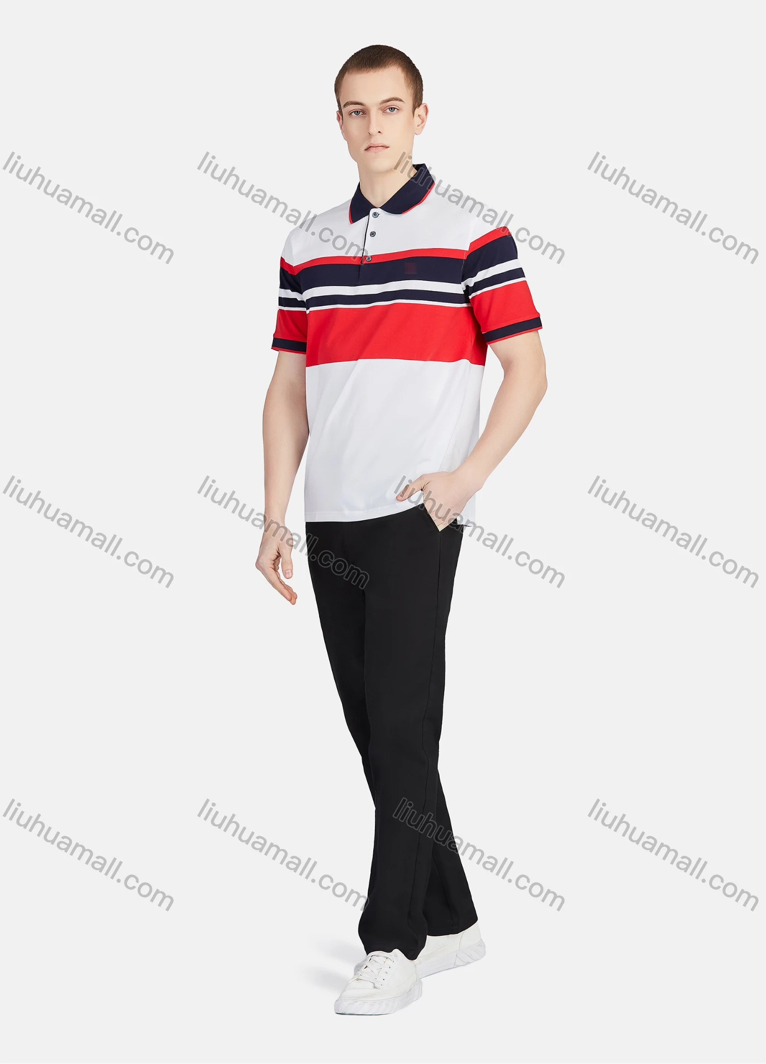 Wholesale Men's Casual Striped Colorblock Slim Fit Short Sleeve Embroidery Polo Shirt - Liuhuamall