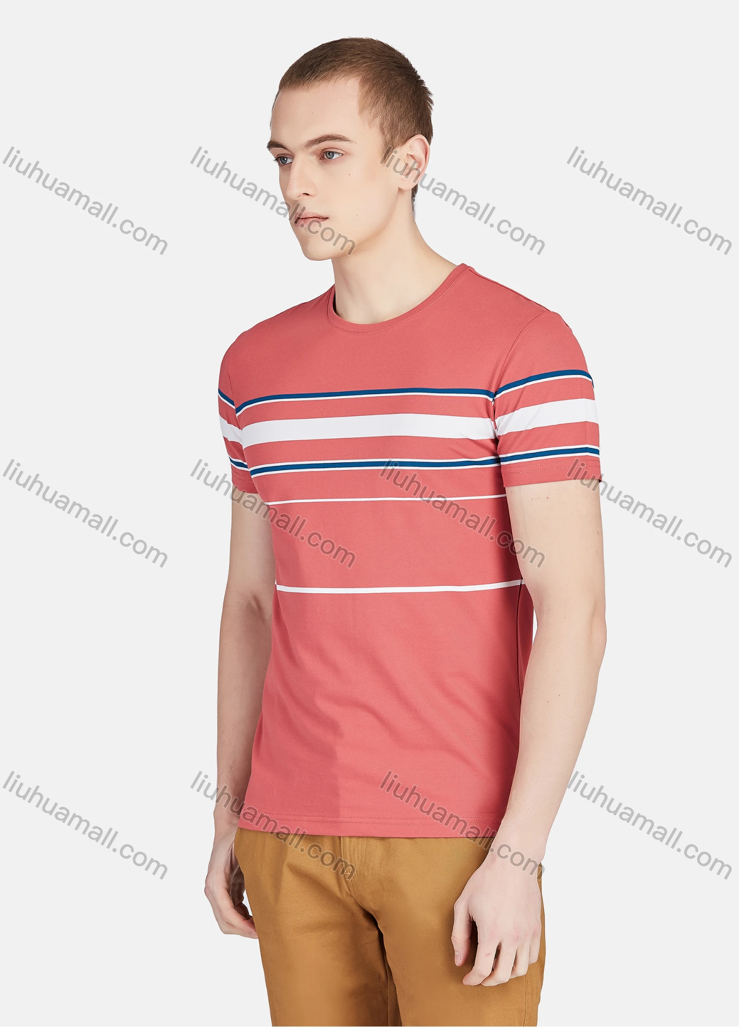 Wholesale Men's Round Neck Short Sleeve Slim Fit Striped Colorblock Casual T-shirt - Liuhuamall