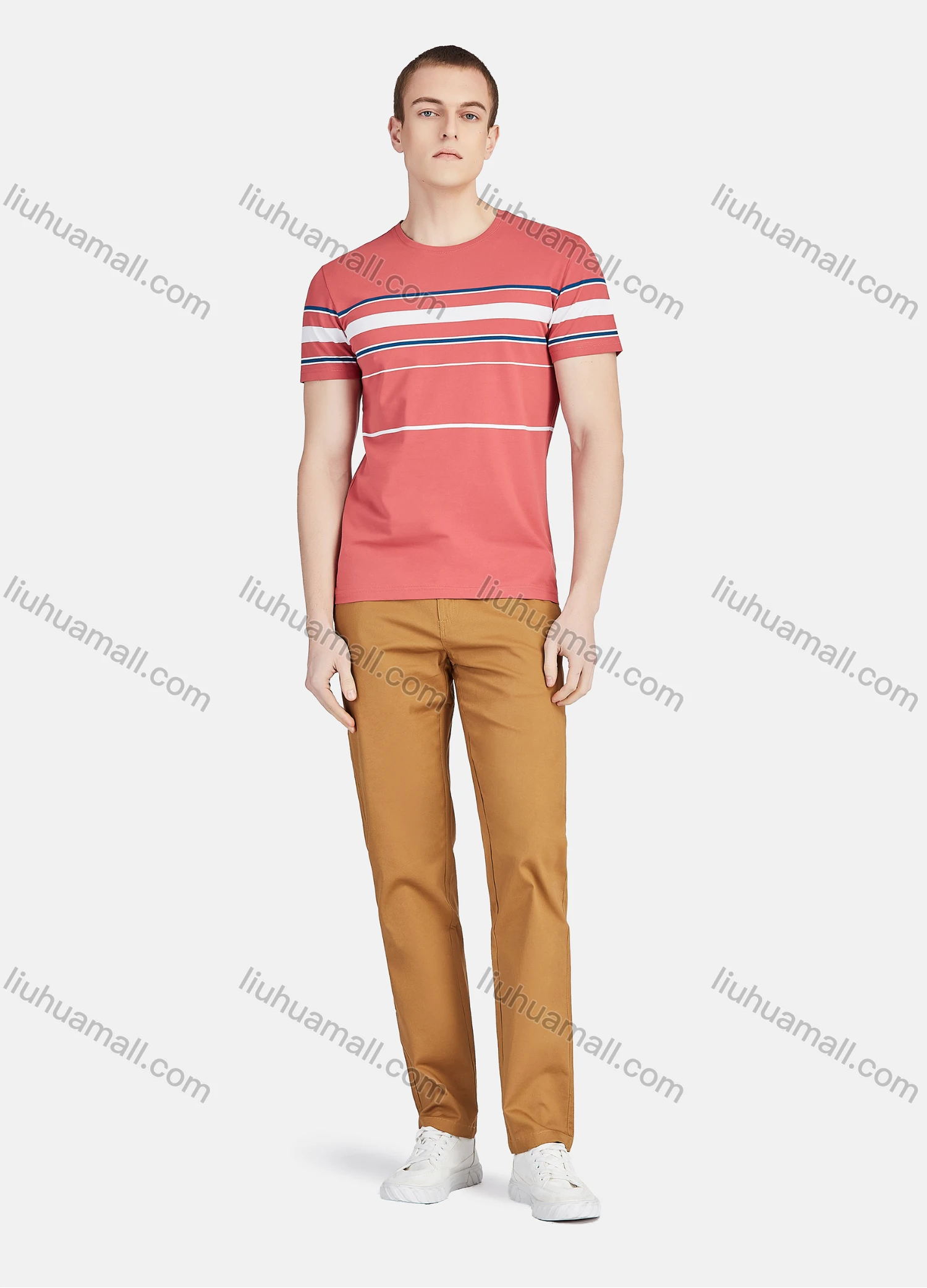 Wholesale Men's Round Neck Short Sleeve Slim Fit Striped Colorblock Casual T-shirt - Liuhuamall