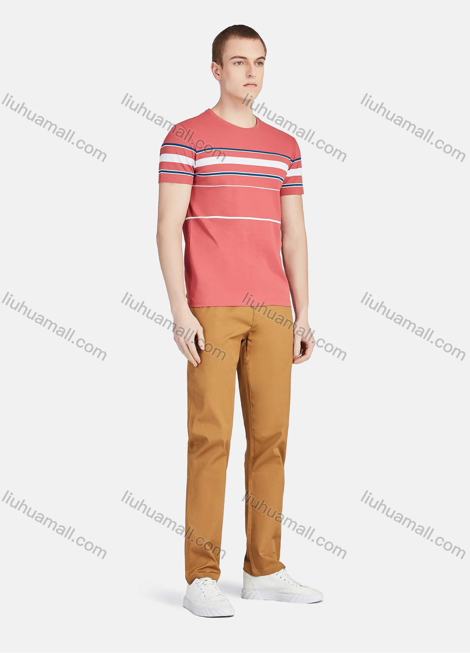 Wholesale Men's Round Neck Short Sleeve Slim Fit Striped Colorblock Casual T-shirt - Liuhuamall