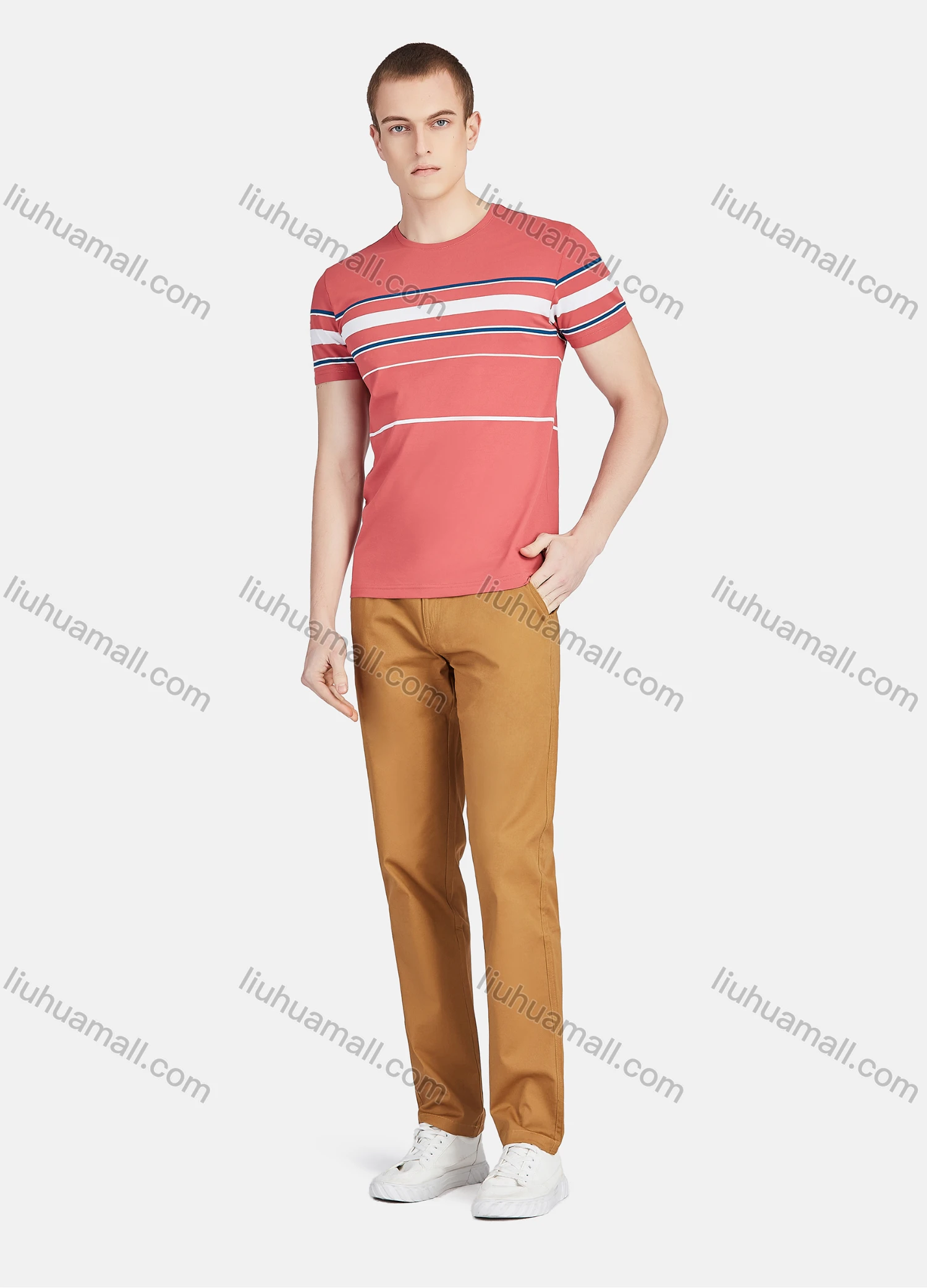 Wholesale Men's Round Neck Short Sleeve Slim Fit Striped Colorblock Casual T-shirt - Liuhuamall