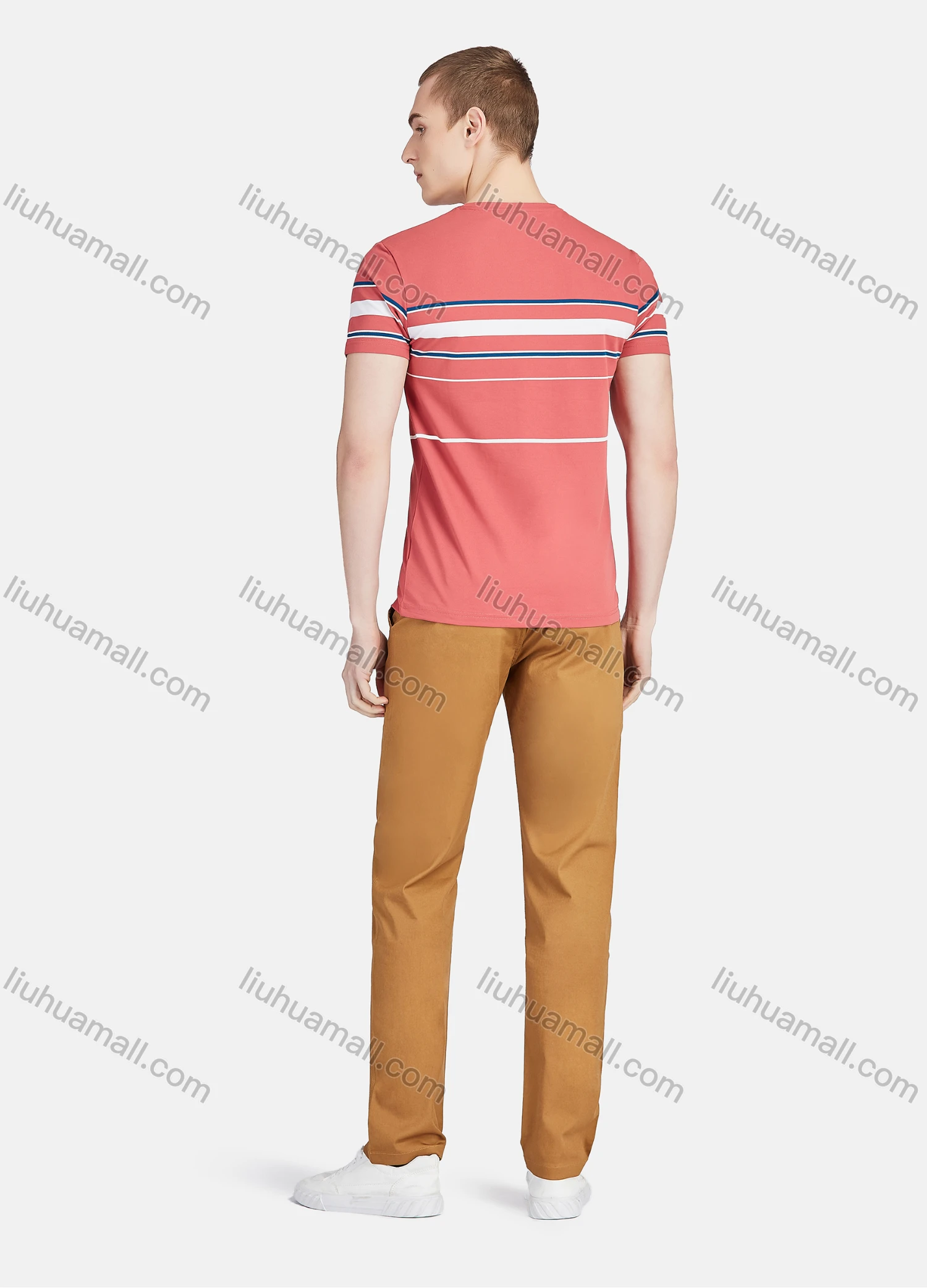 Wholesale Men's Round Neck Short Sleeve Slim Fit Striped Colorblock Casual T-shirt - Liuhuamall