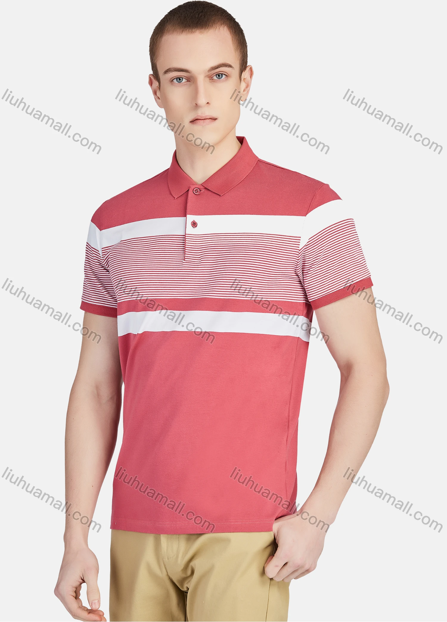 Wholesale Men's Casual Striped Colorblock Slim Fit Short Sleeve Polo Shirt - Liuhuamall