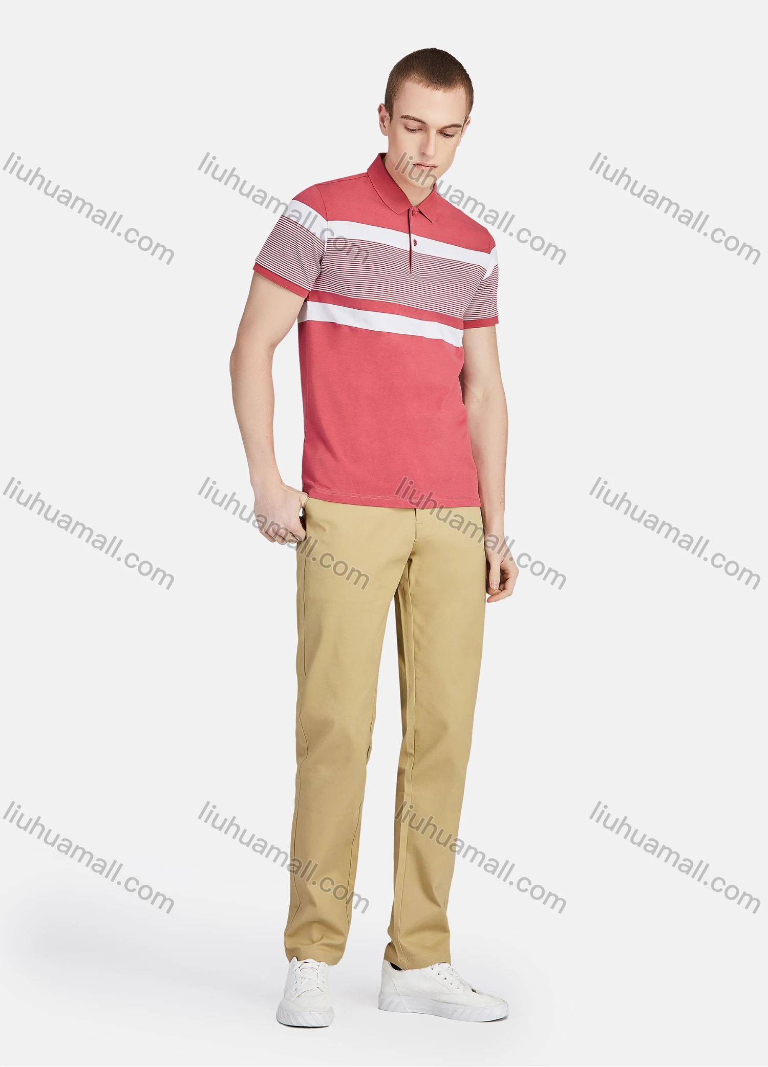 Wholesale Men's Casual Striped Colorblock Slim Fit Short Sleeve Polo Shirt - Liuhuamall