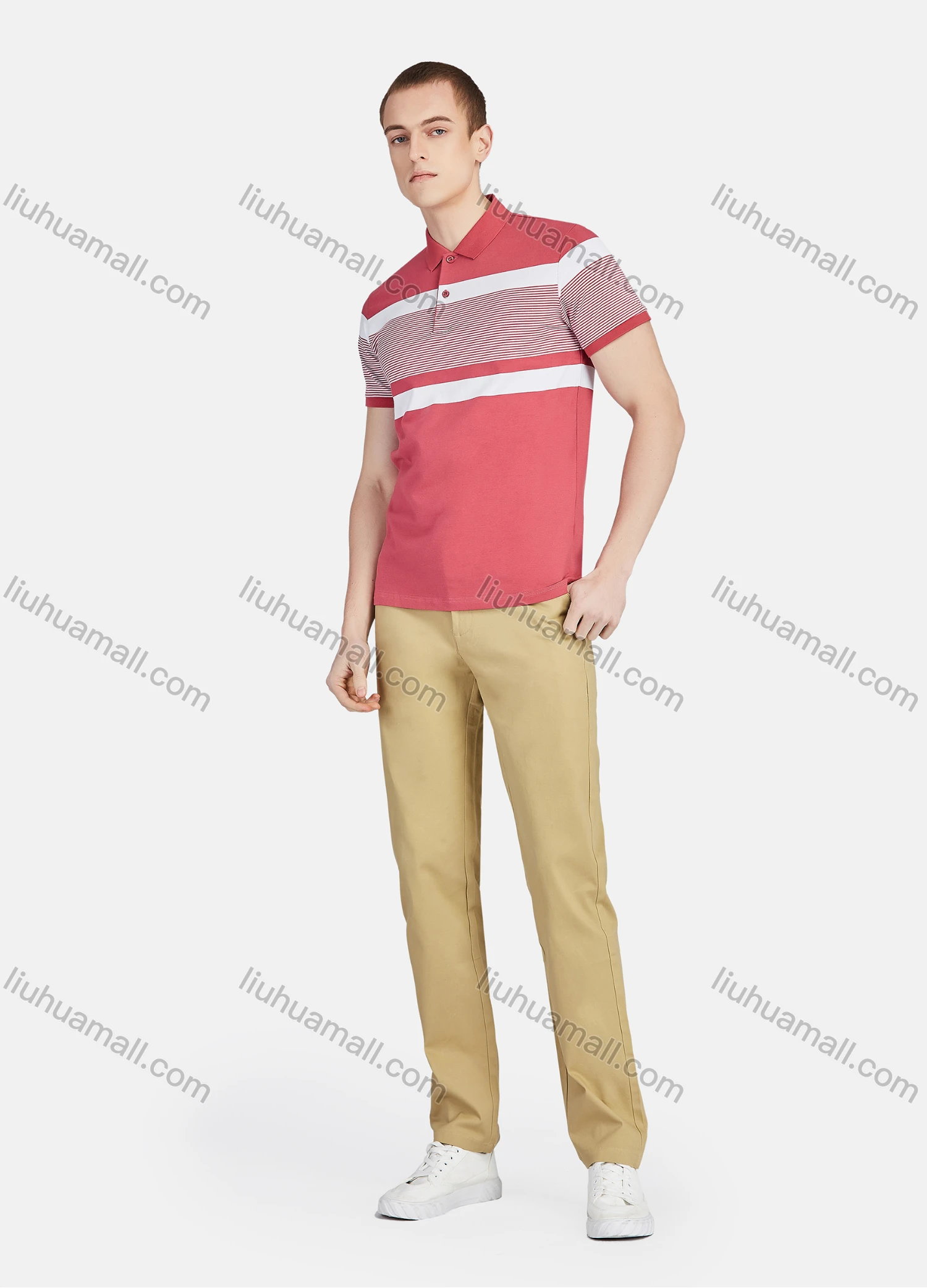 Wholesale Men's Casual Striped Colorblock Slim Fit Short Sleeve Polo Shirt - Liuhuamall