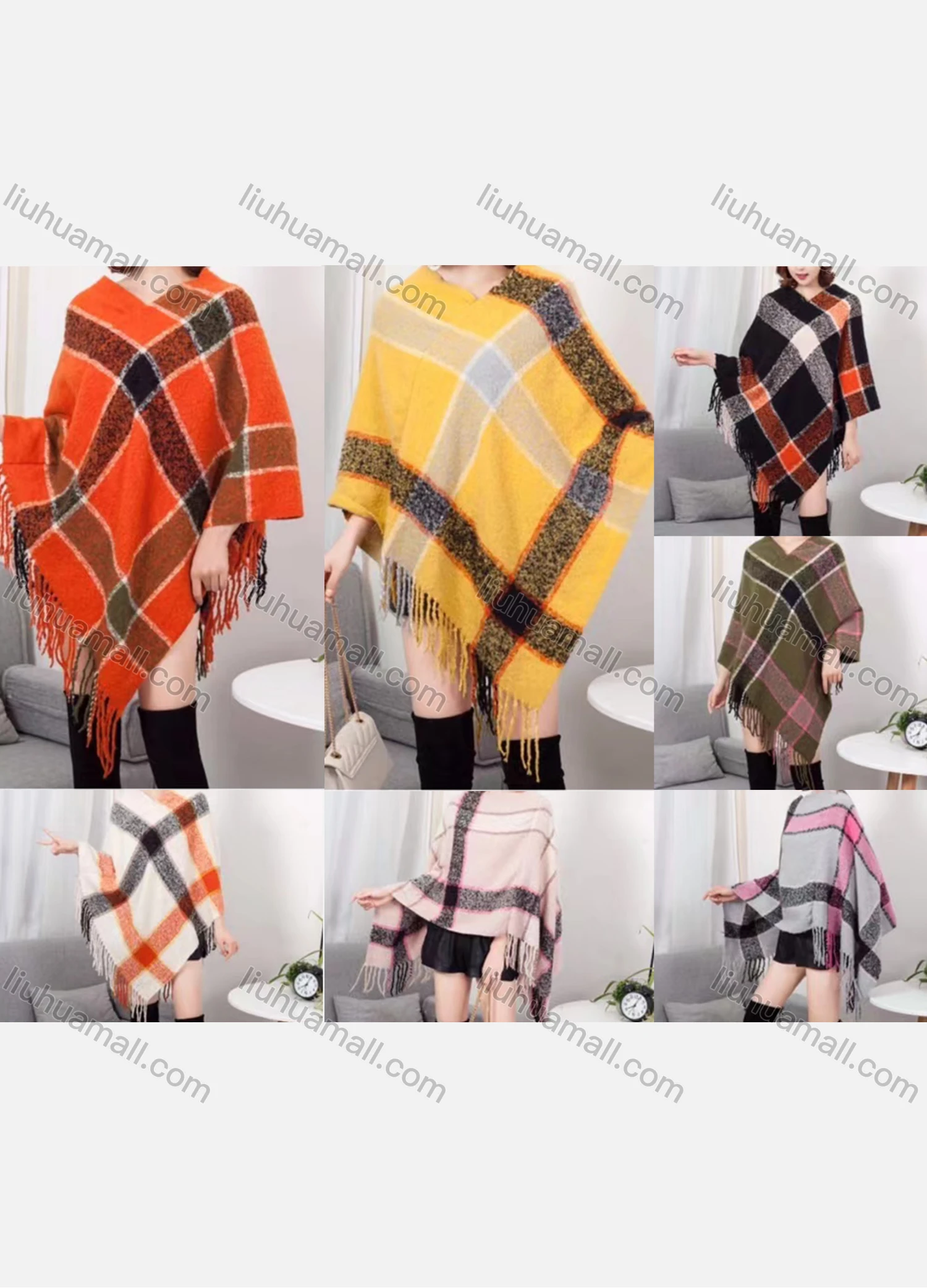 Wholesale Women's Casual Plaid Scarf Hem Knit Cape - Liuhuamall