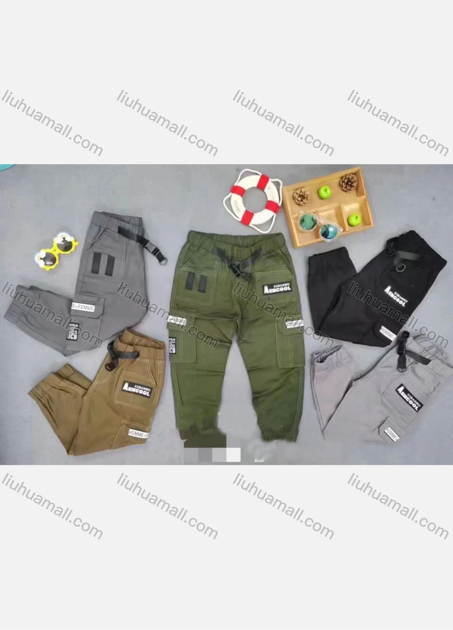 Wholesale Boy's Casual Labeled Elastic Waist Cargo Pants With Buckle 1090# - Liuhuamall