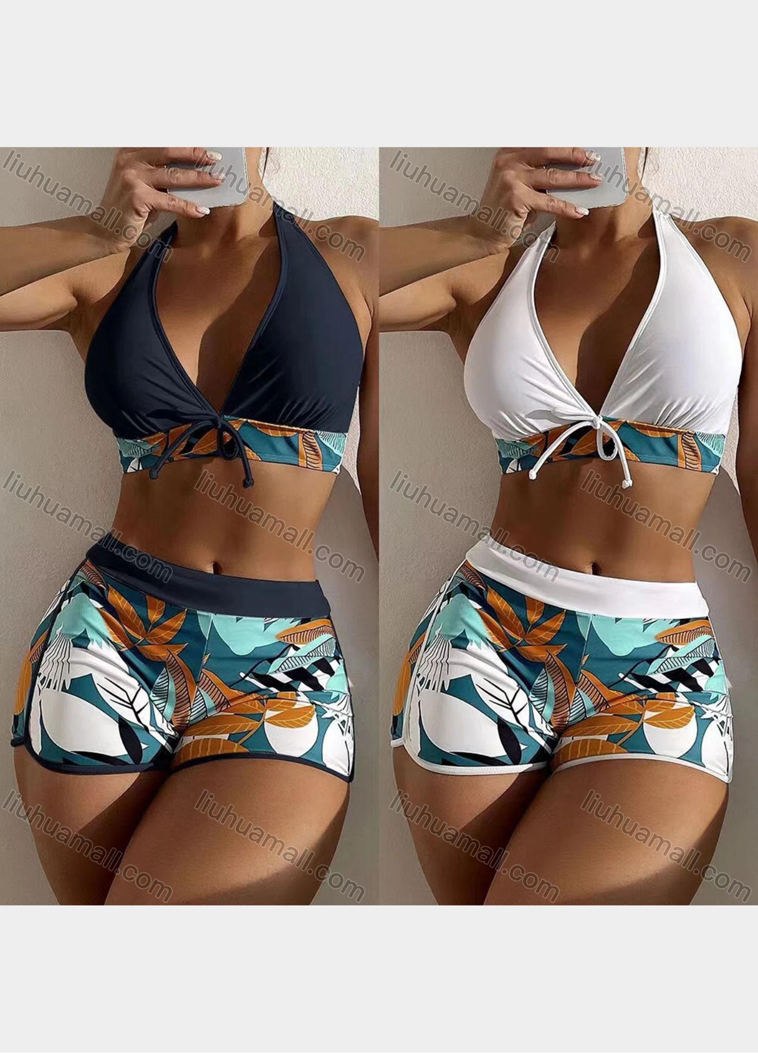 Wholesale Women's Vacation Halter Lace Up Leaf Bra & Trunk 2 Piece Bikini Swimsuit - Liuhuamall