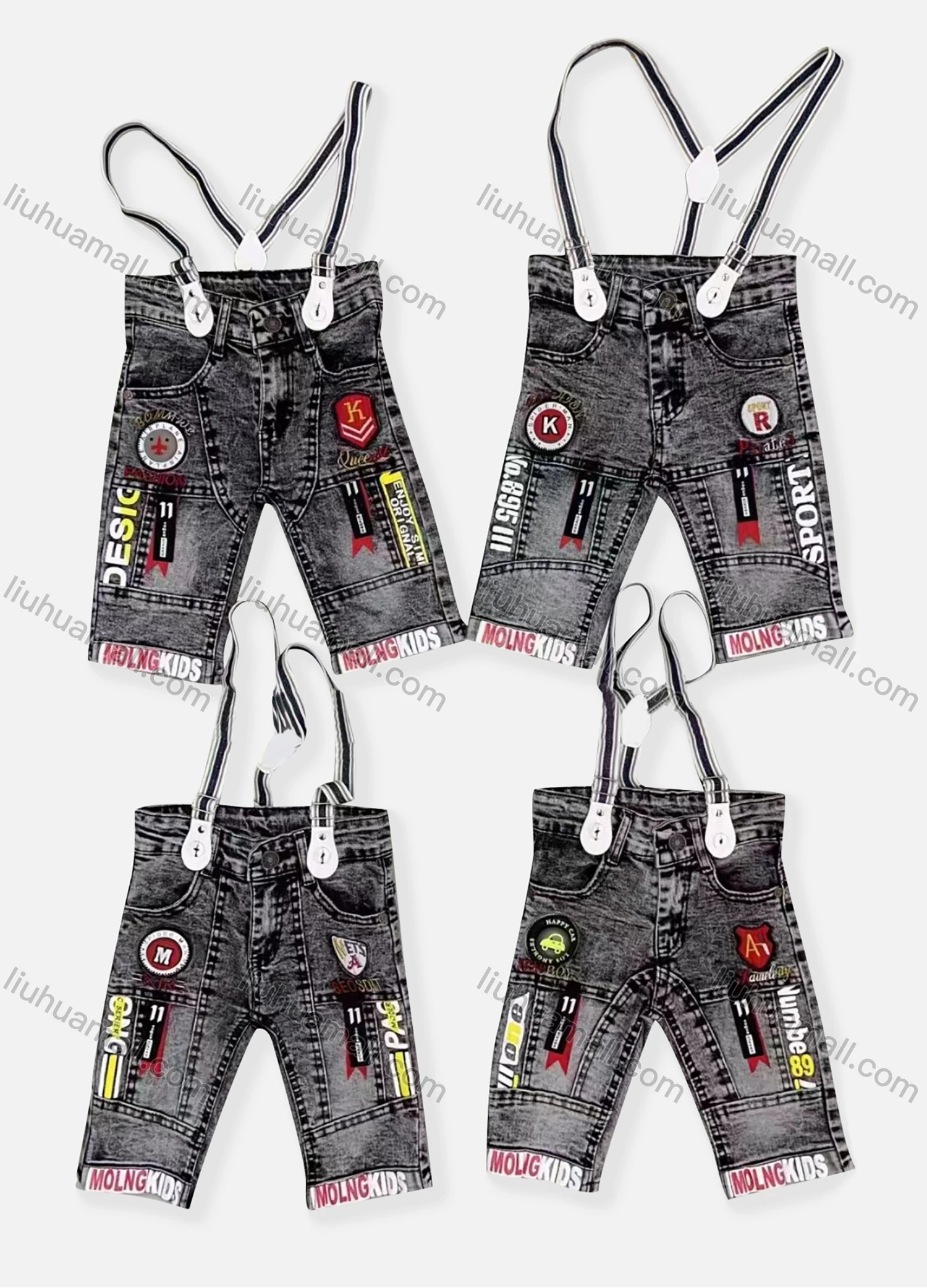 Wholesale Boy's Casual Letter Graphic Labeled Distressed Denim Shorts With Suspender 069# - Liuhuamall