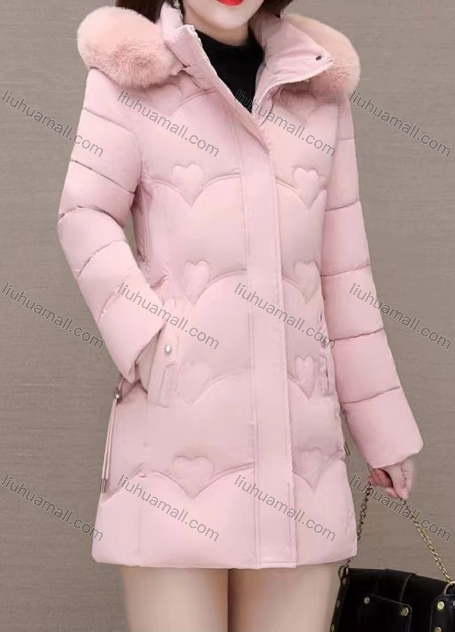 Wholesale Women's Faux Fur Hood Fleece Lined Zipper Plain Winter Quilted Coat - Liuhuamall