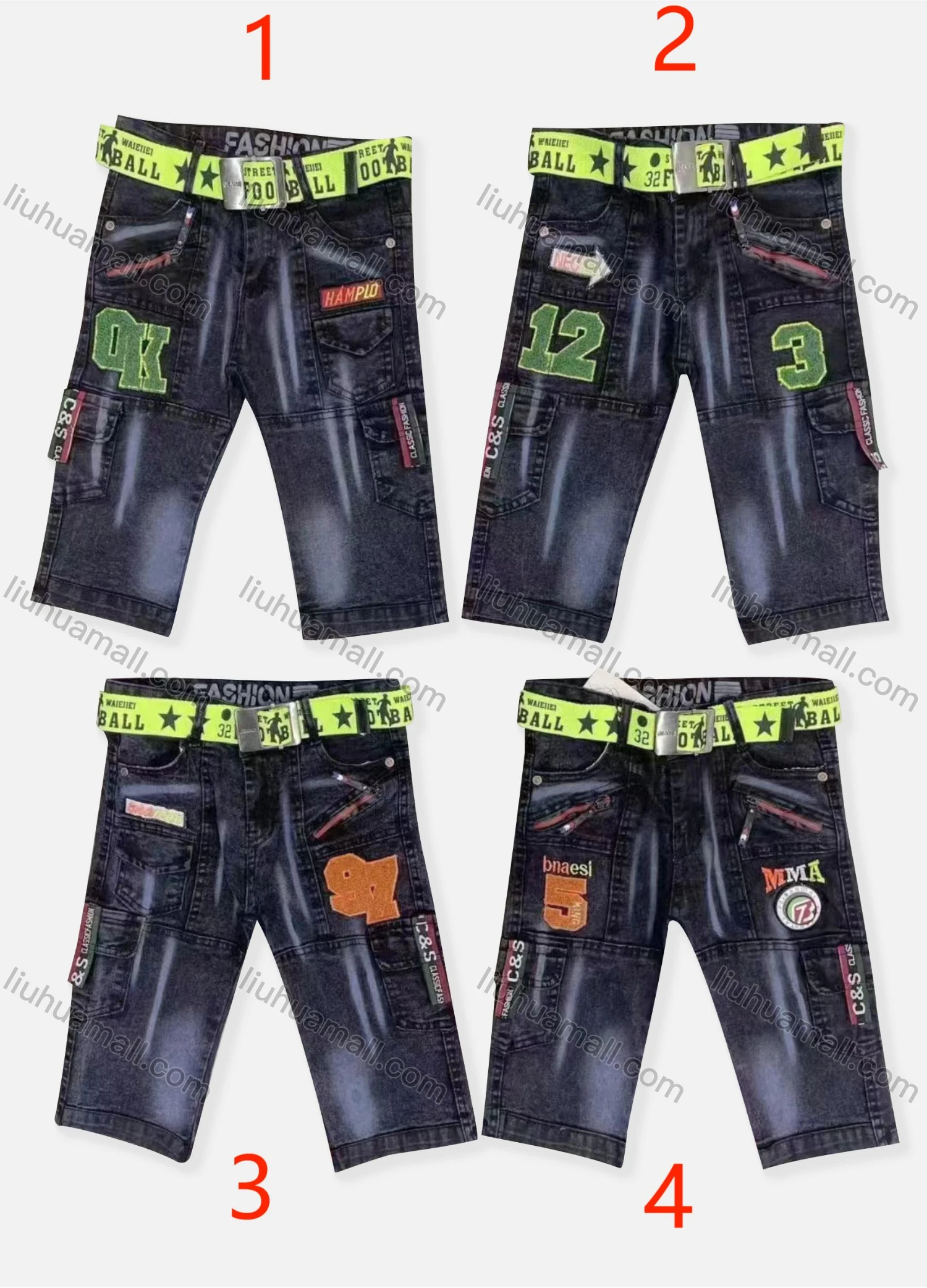 Wholesale Boy's Casual Letter Graphic Labeled Denim Shorts With Belt 065# - Liuhuamall