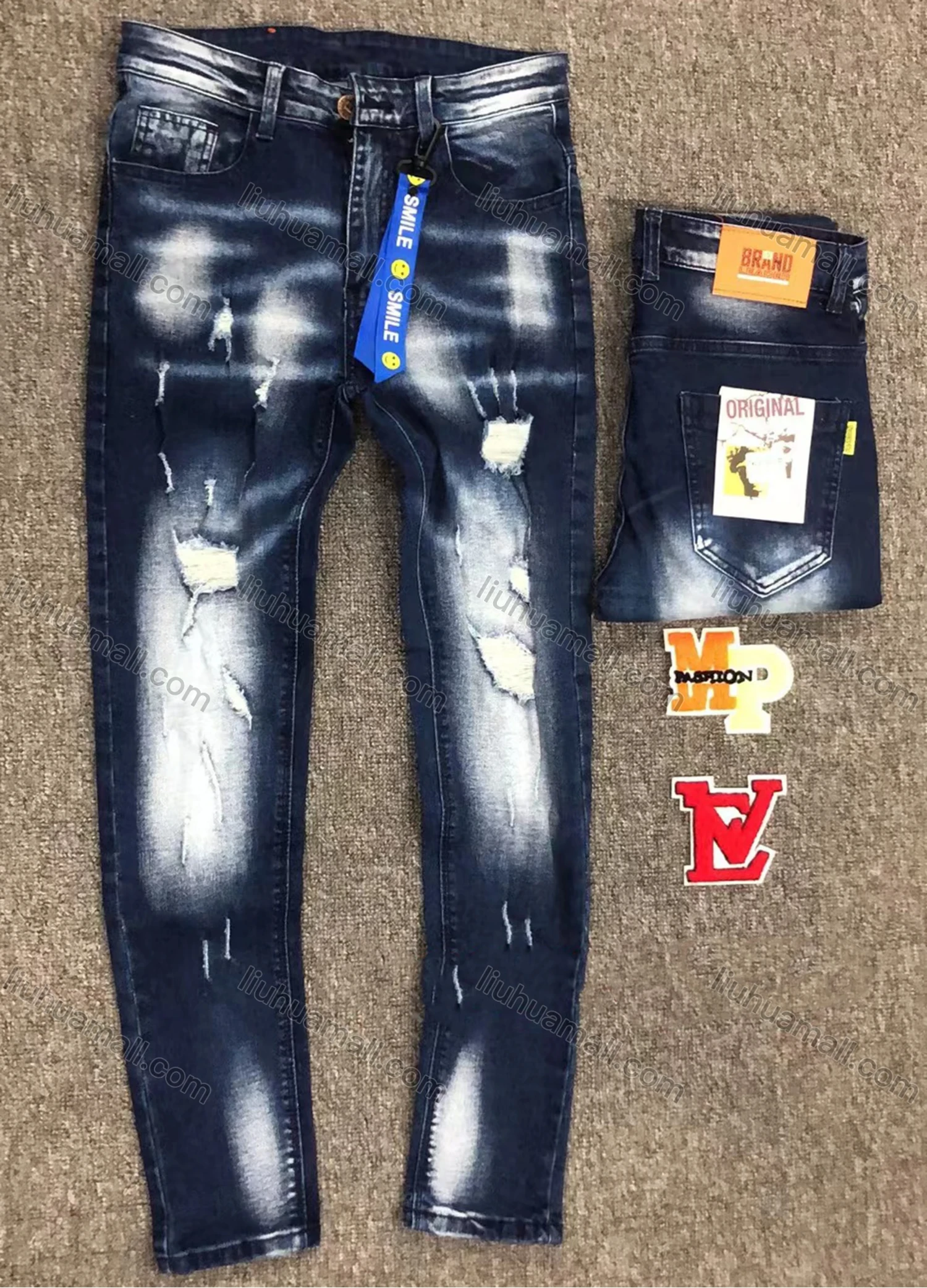 Wholesale Men's Casual Distressed Plain Patch Pocket Straight Leg Ripped Jean - Liuhuamall