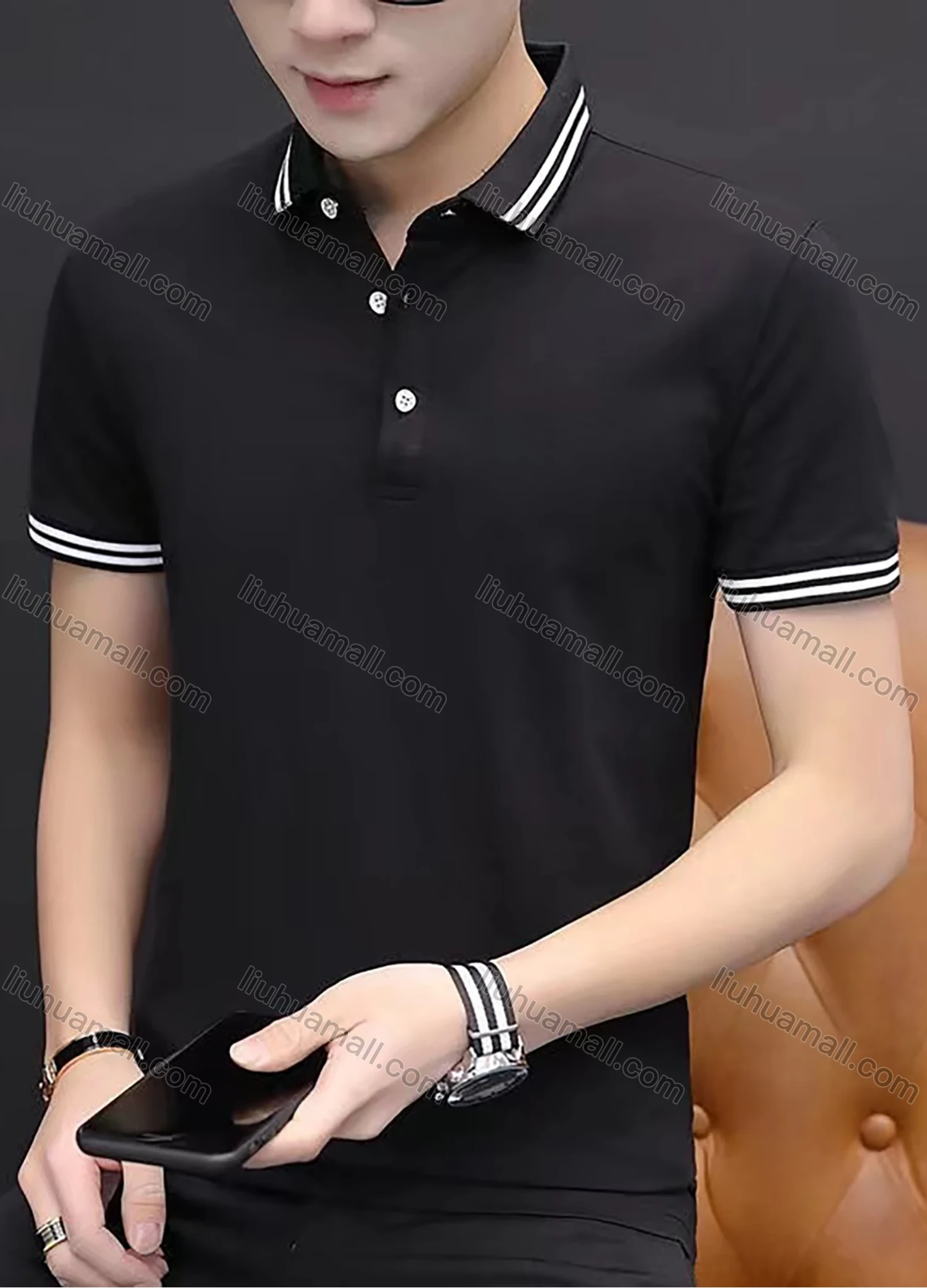 Wholesale Men's 100%Cotton Slim Fit Plain Striped Trim Casual Polo Shirt - Liuhuamall