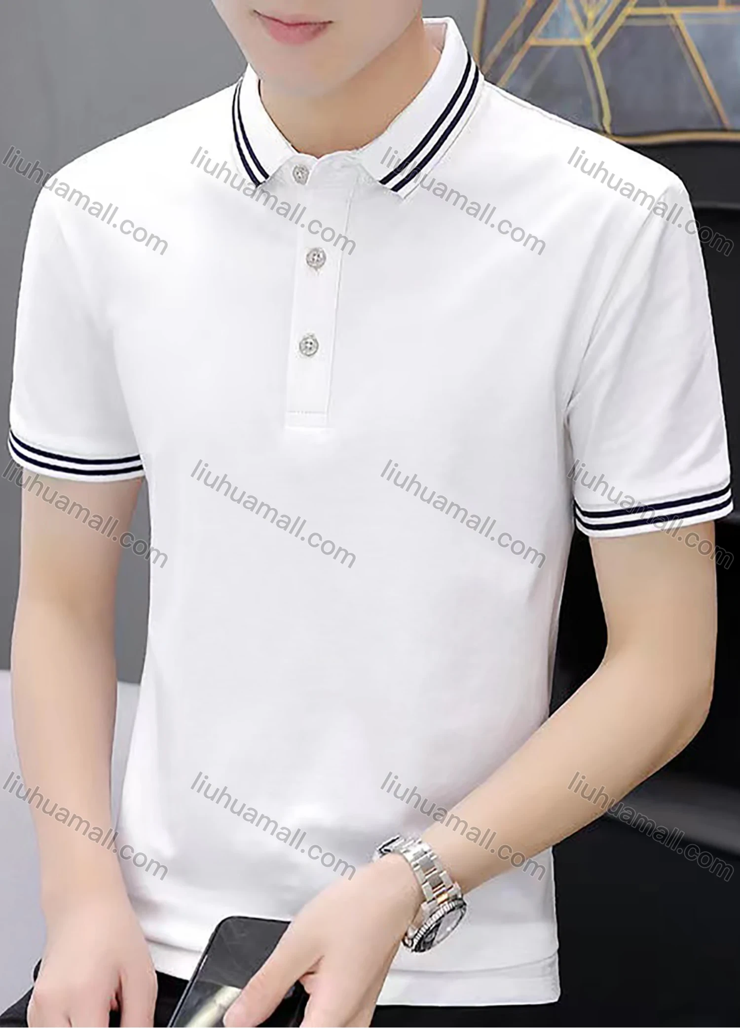Wholesale Men's 100%Cotton Slim Fit Plain Striped Trim Casual Polo Shirt - Liuhuamall