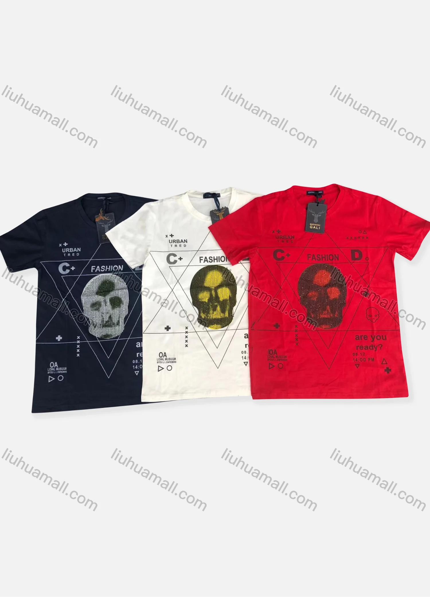 Wholesale Men's Fashion 100%Cotton Rhinestone Skull Letter Graphic Round Neck Short Sleeve T-shirt 5110# - Liuhuamall