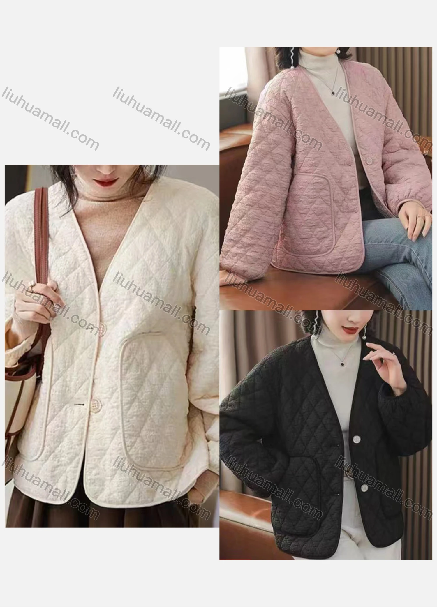 Wholesale Women's Casual V Neck Pockets Quilted Jacket 2218# - Liuhuamall