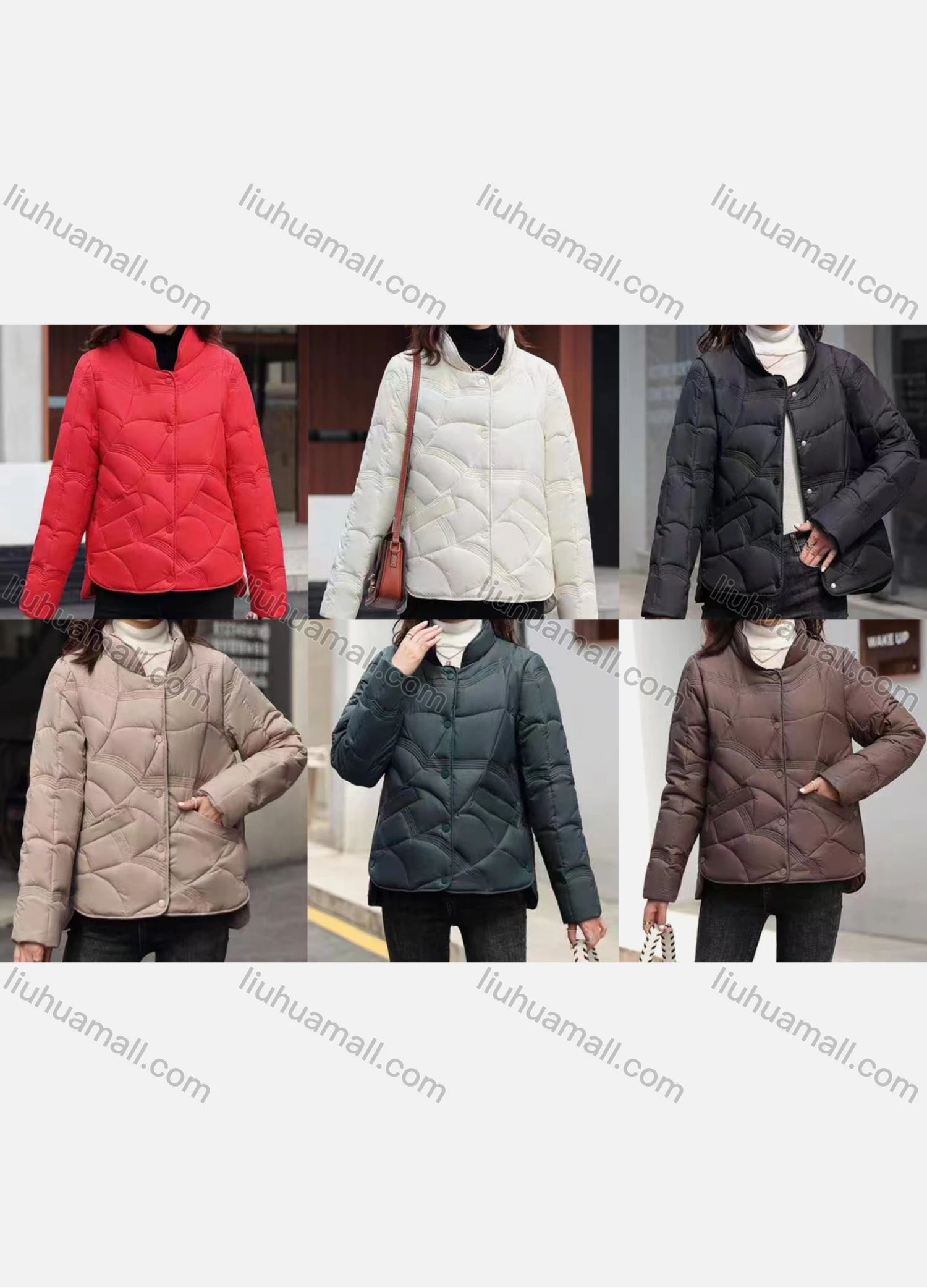 Wholesale Women's Casual Stand Collar Plain Pockets Quilted Puffer Jacket 6901# - Liuhuamall