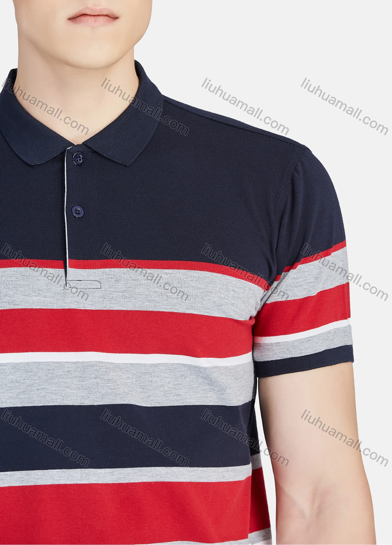 Wholesale Men's Casual Collared Short Sleeve Striped Button Front Polo Shirt - Liuhuamall