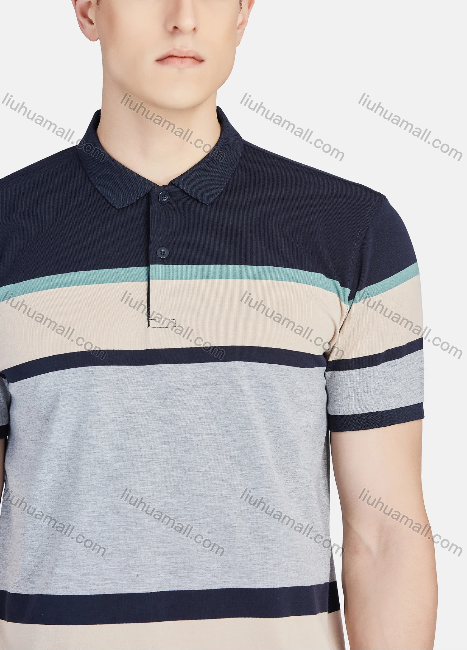 Wholesale Men's Casual Collared Short Sleeve Striped Button Front Polo Shirt - Liuhuamall