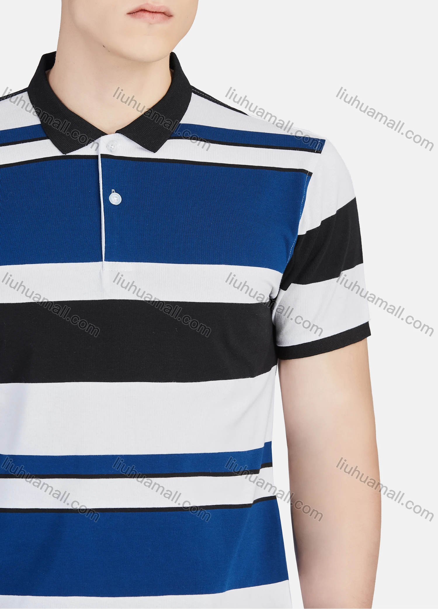 Wholesale Men's Casual Collared Short Sleeve Striped Button Front Polo Shirt - Liuhuamall