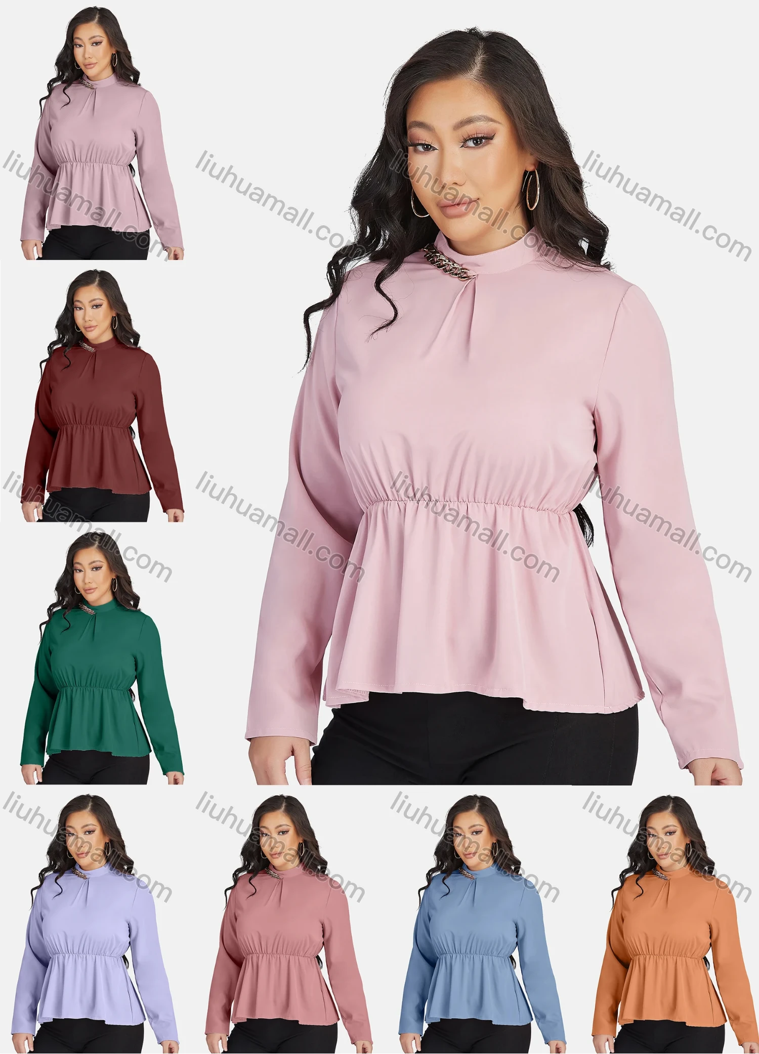 Wholesale Women's Casual Stand Collar Long Sleeve Peplum Keyhole Back Blouse - Liuhuamall