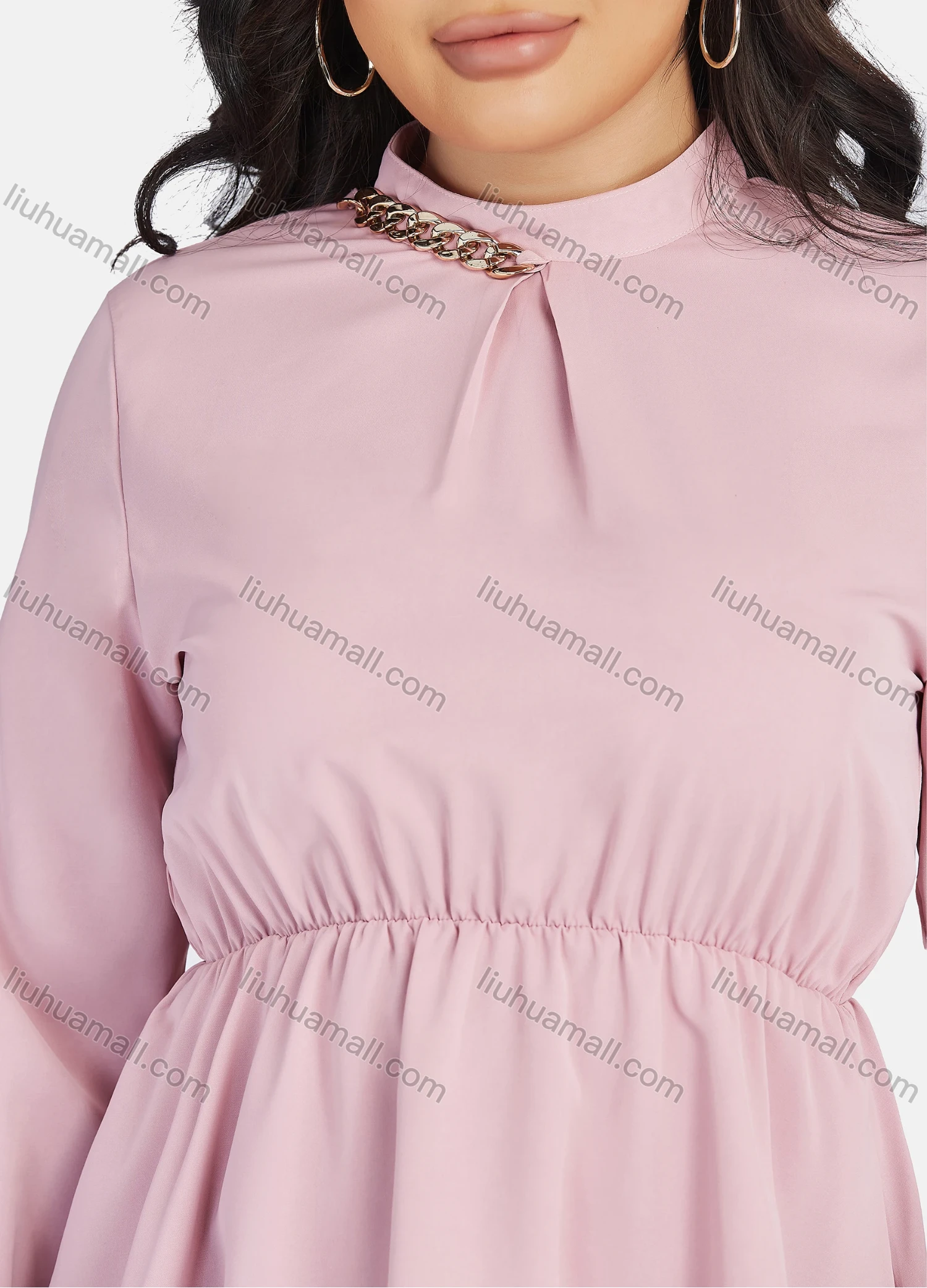 Wholesale Women's Casual Stand Collar Long Sleeve Peplum Keyhole Back Blouse - Liuhuamall