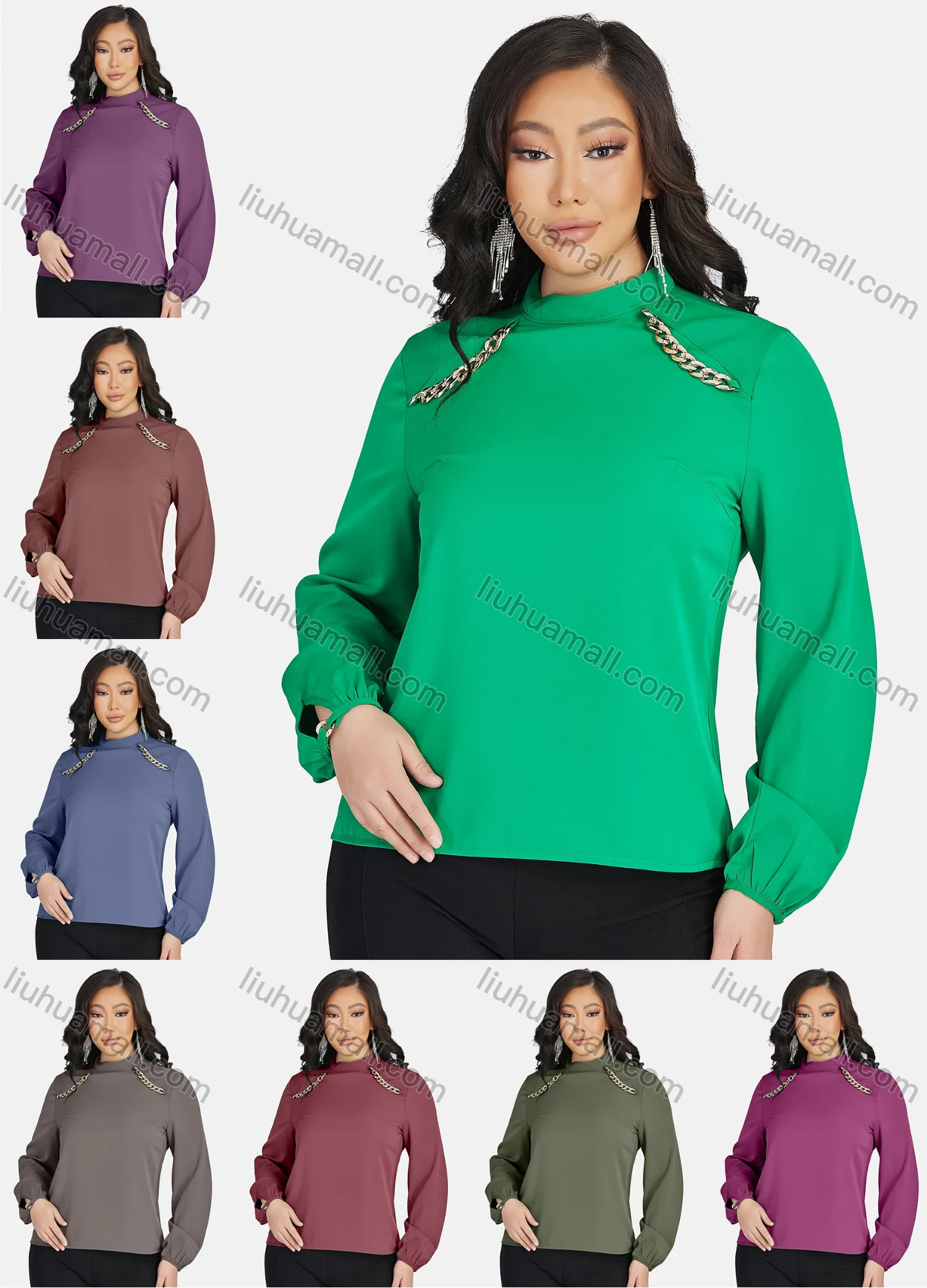 Wholesale Women's Casual Stand Collar Long Sleeve Plain Blouse - Liuhuamall