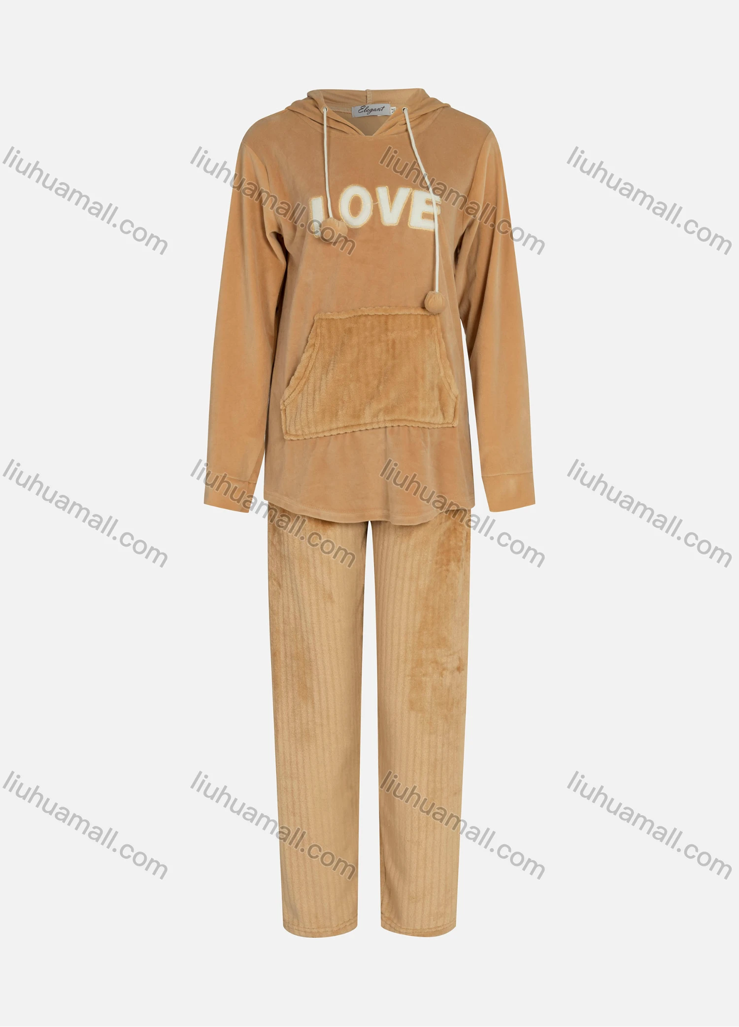 Wholesale Women's Flannel Letter Graphic Drawstring Kangaroo Pocket Hoodie & Straight Leg Pants 2 Piece Lounge Pajamas Set - Liuhuamall