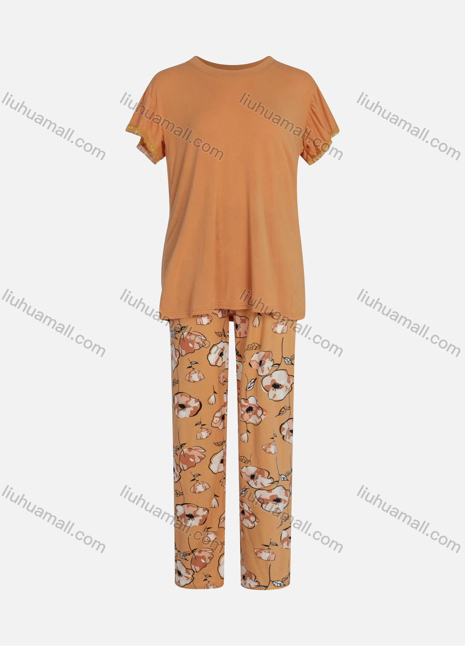 Wholesale Women's Milk Silk Plain Round Neck Short Sleeve Lace Trim Tops & Floral Print Pants 2 Piece Lounge Pajamas Set - Liuhuamall