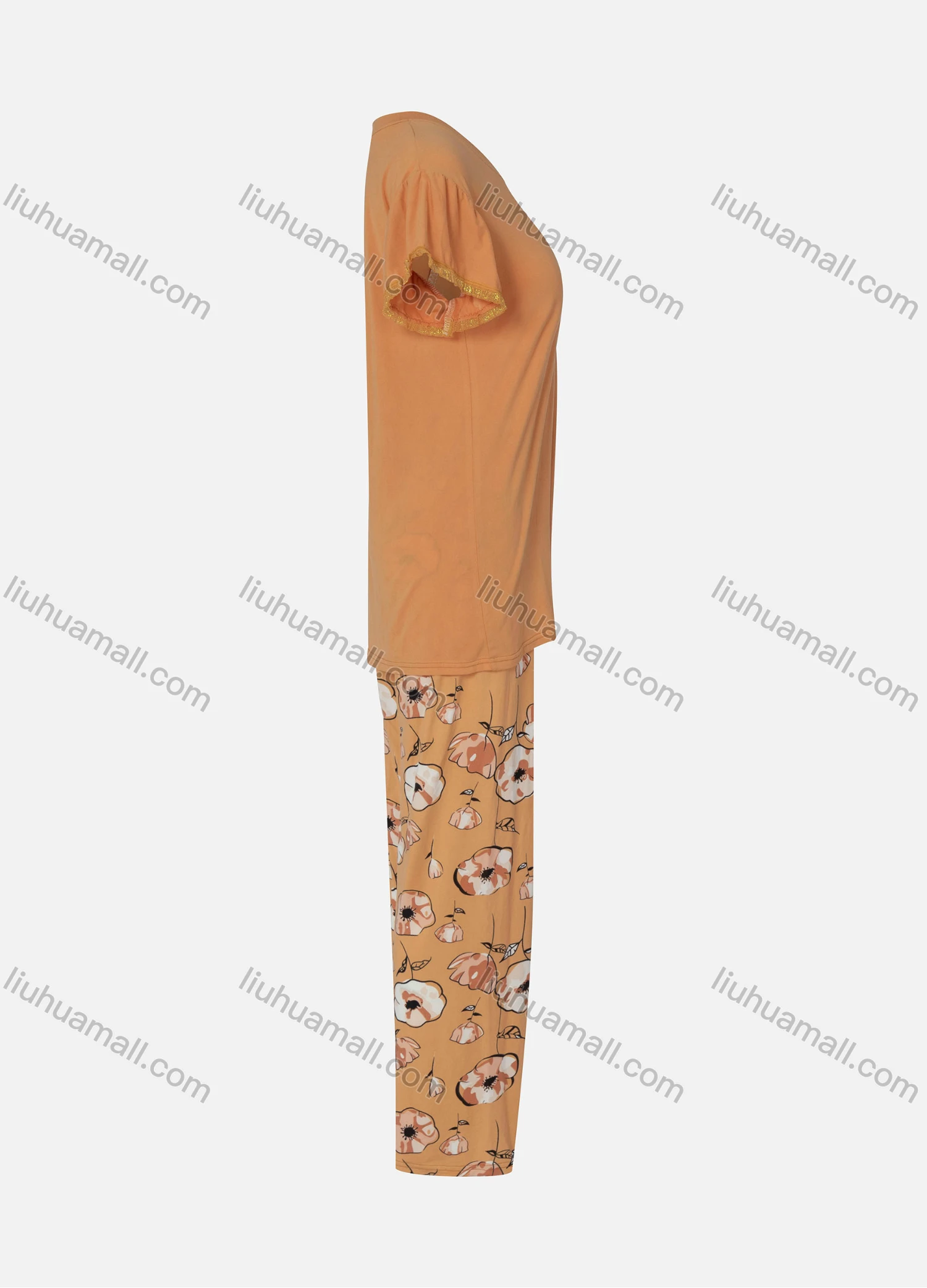 Wholesale Women's Milk Silk Plain Round Neck Short Sleeve Lace Trim Tops & Floral Print Pants 2 Piece Lounge Pajamas Set - Liuhuamall
