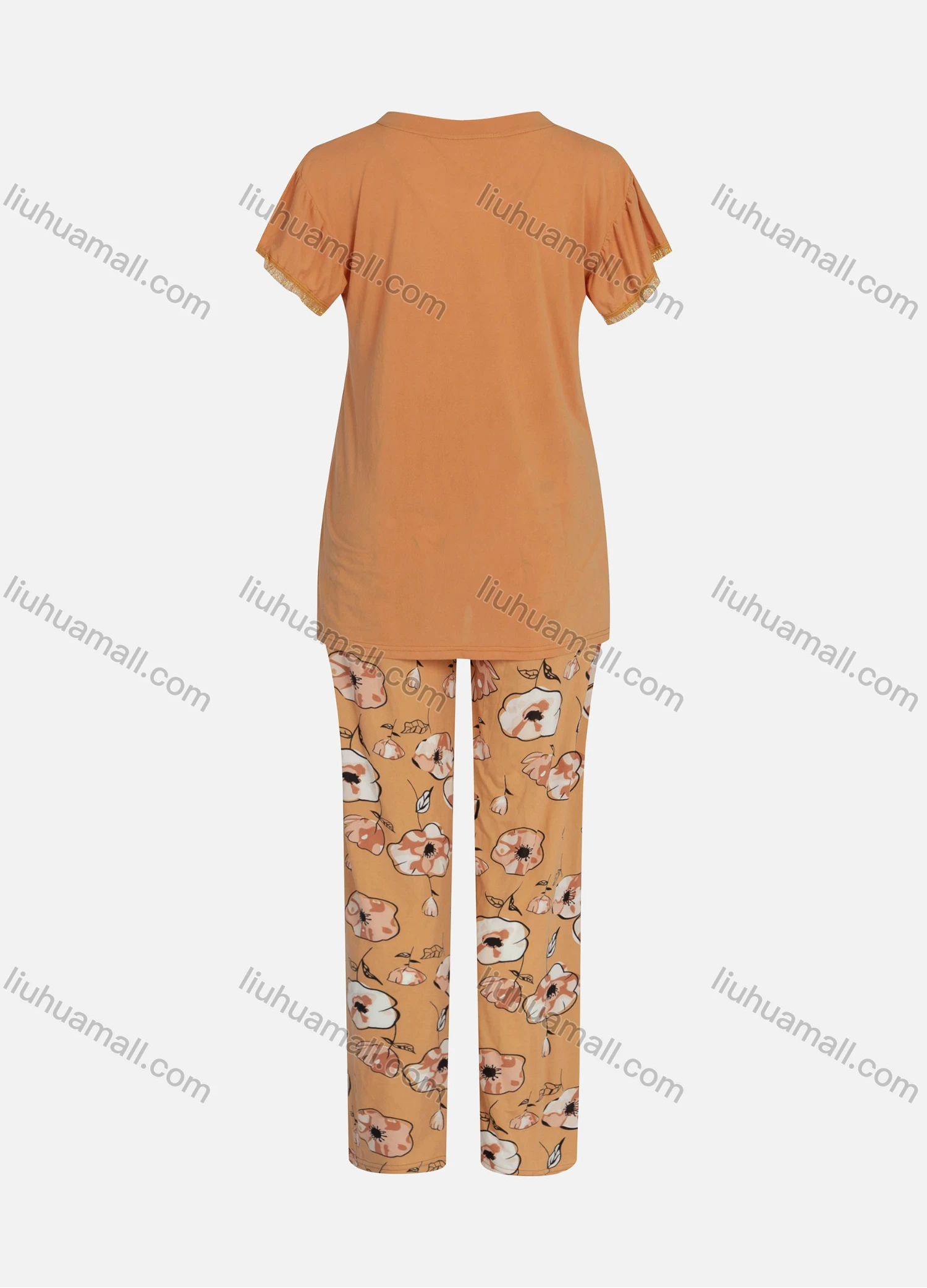 Wholesale Women's Milk Silk Plain Round Neck Short Sleeve Lace Trim Tops & Floral Print Pants 2 Piece Lounge Pajamas Set - Liuhuamall