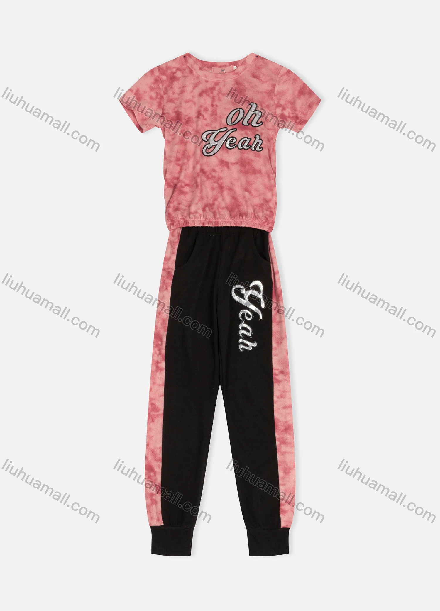 Wholesale Women's Milk Silk Tie Dye Letter Embroidery Round Neck Short Sleeve Tops & Straight Leg Pants 2 Piece Lounge Pajamas Set - Liuhuamall