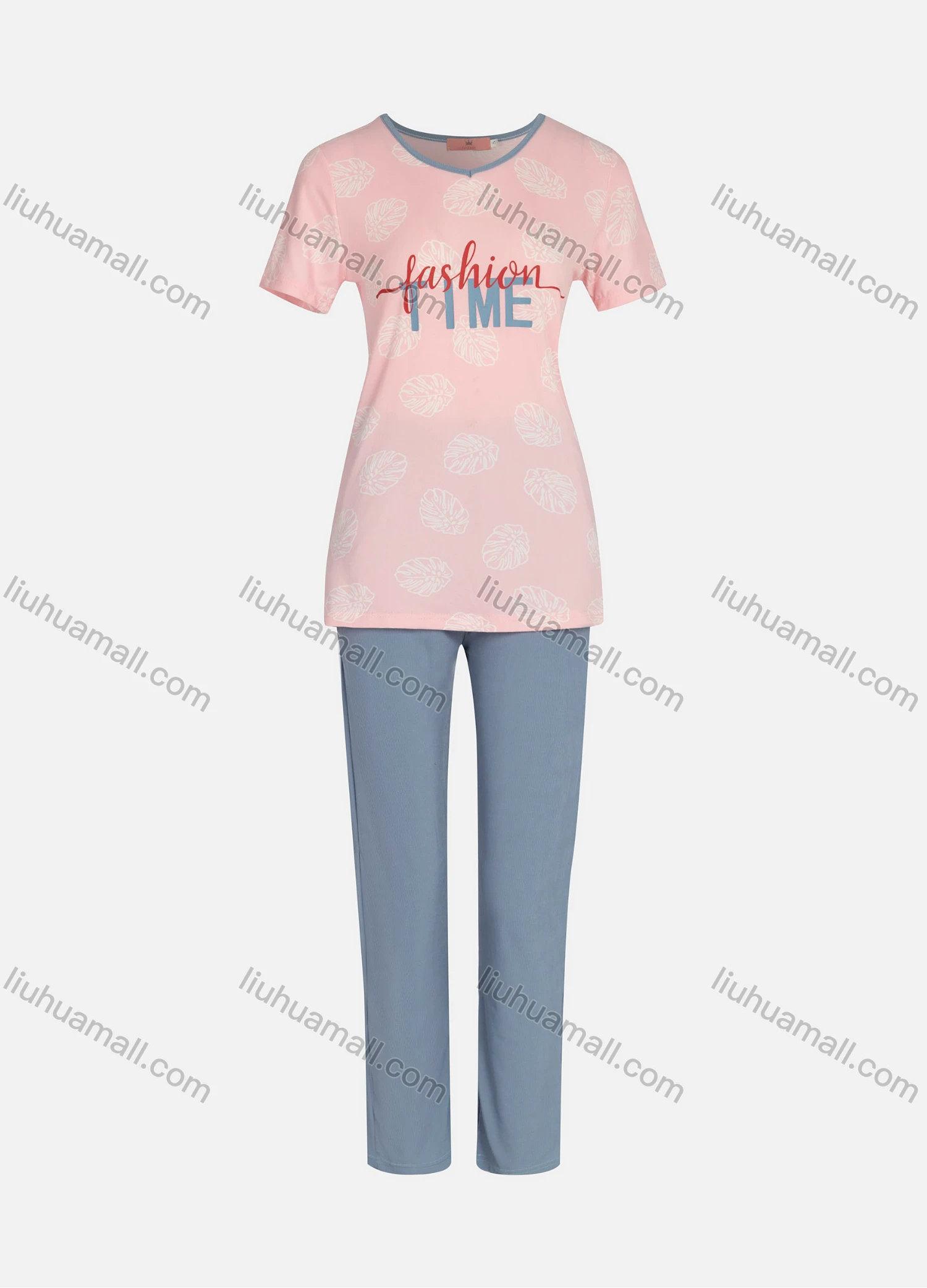 Wholesale Women's Milk Silk Letter & Leaf Print Short Sleeve Tops & Straight Leg Pants 2 Piece Lounge Pajamas Set - Liuhuamall