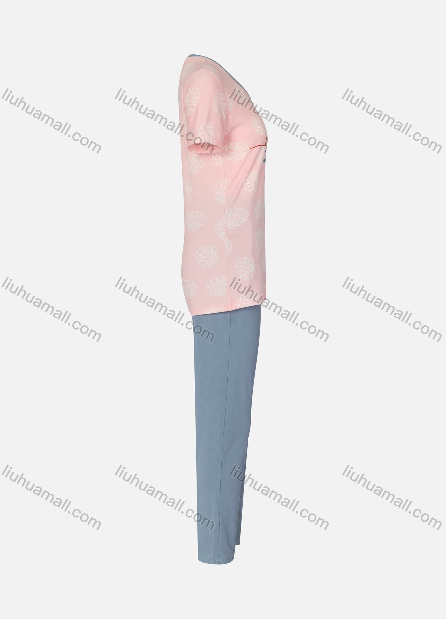 Wholesale Women's Milk Silk Letter & Leaf Print Short Sleeve Tops & Straight Leg Pants 2 Piece Lounge Pajamas Set - Liuhuamall