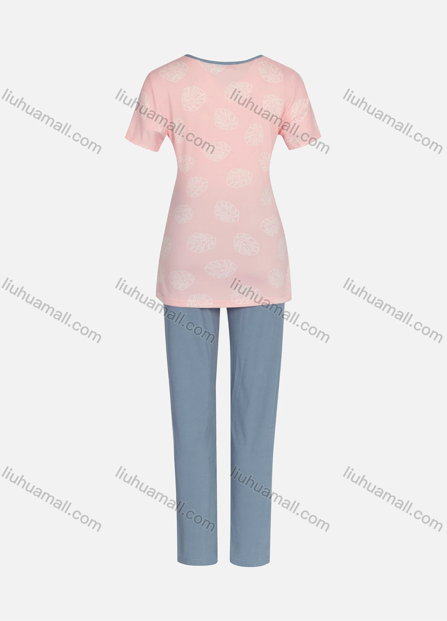 Wholesale Women's Milk Silk Letter & Leaf Print Short Sleeve Tops & Straight Leg Pants 2 Piece Lounge Pajamas Set - Liuhuamall