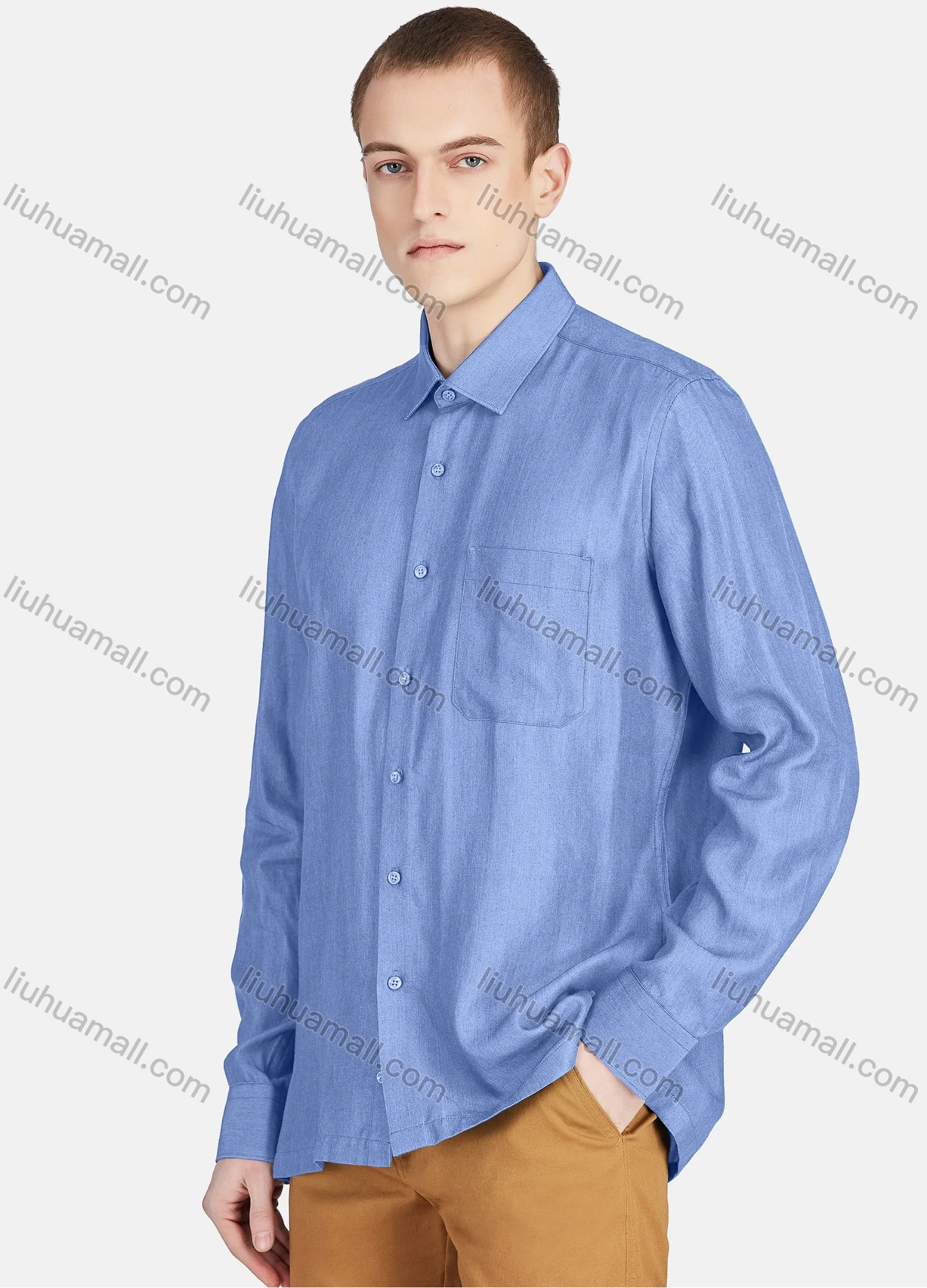 Wholesale Men's Casual Slim Fit Long Sleeve Patch Pocket Button Down Plain Shirt T024-2# - Liuhuamall