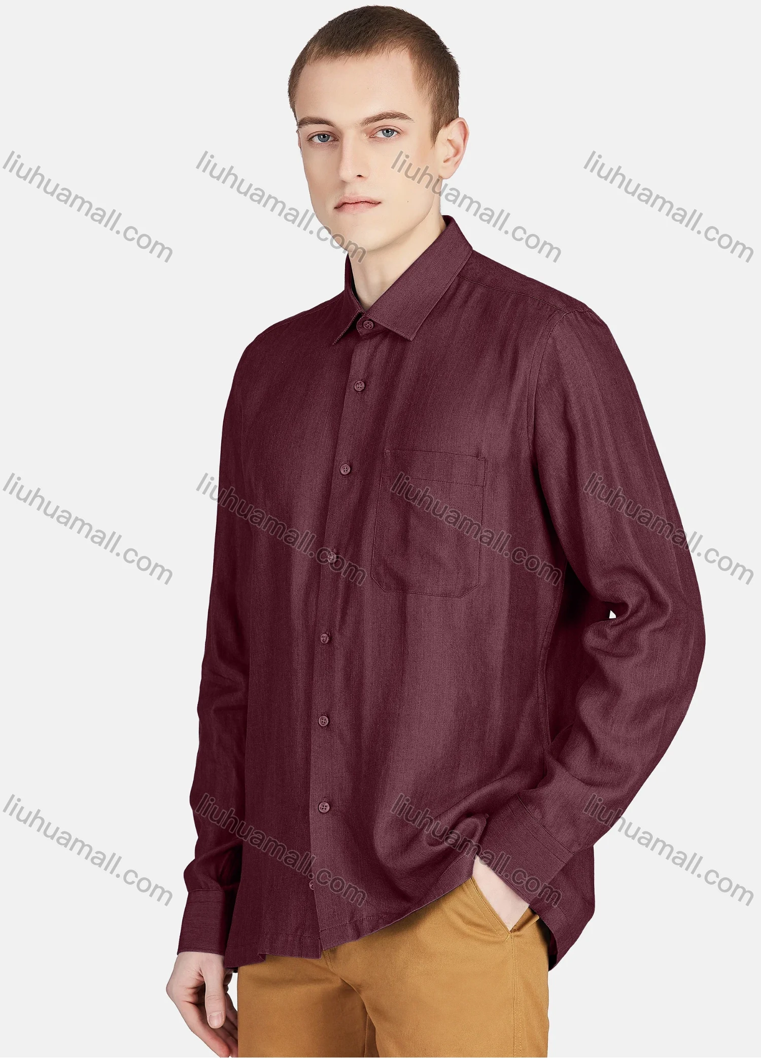 Wholesale Men's Casual Slim Fit Long Sleeve Patch Pocket Button Down Plain Shirt T024-2# - Liuhuamall