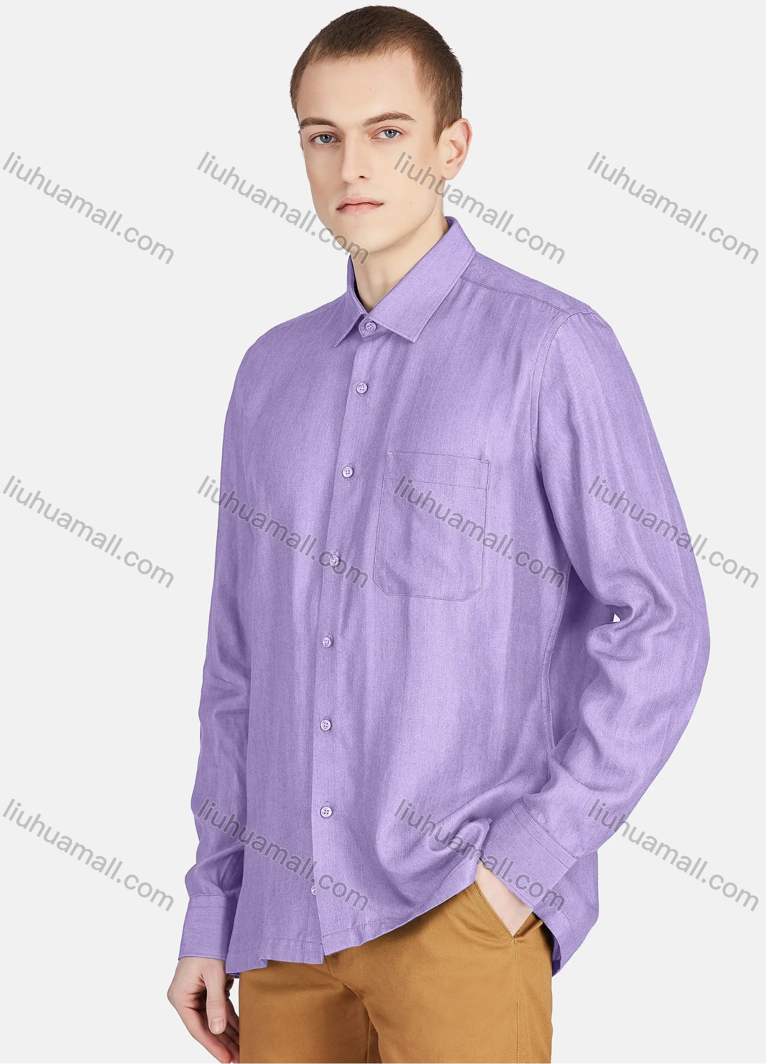 Wholesale Men's Casual Slim Fit Long Sleeve Patch Pocket Button Down Plain Shirt T024-2# - Liuhuamall