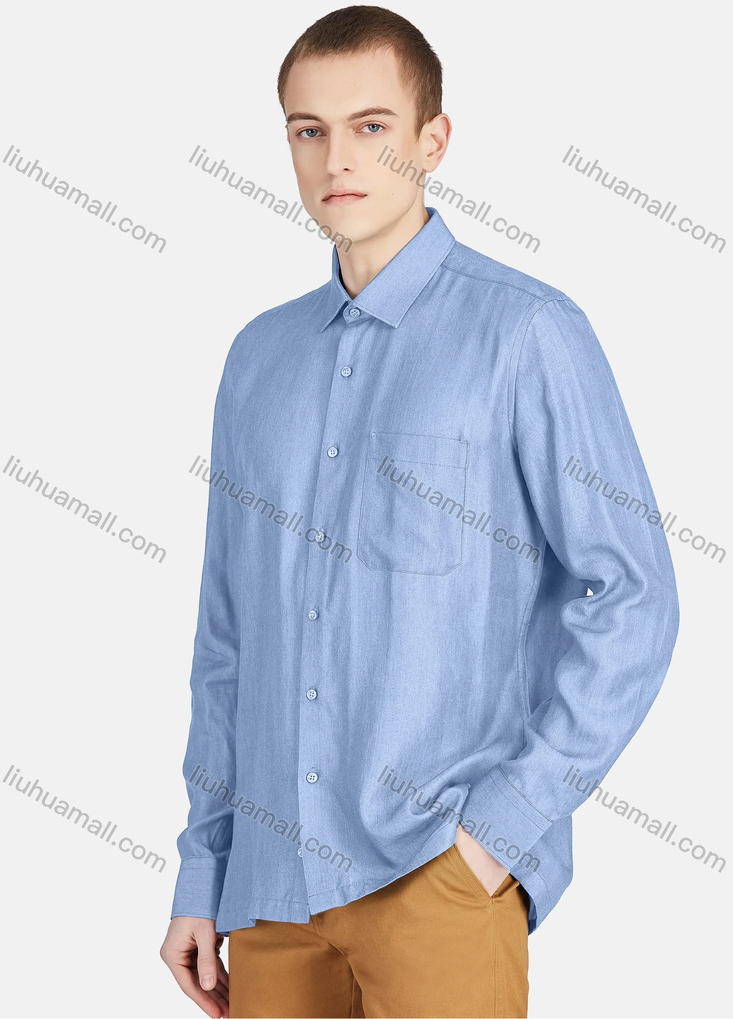 Wholesale Men's Casual Slim Fit Long Sleeve Patch Pocket Button Down Plain Shirt T024-2# - Liuhuamall