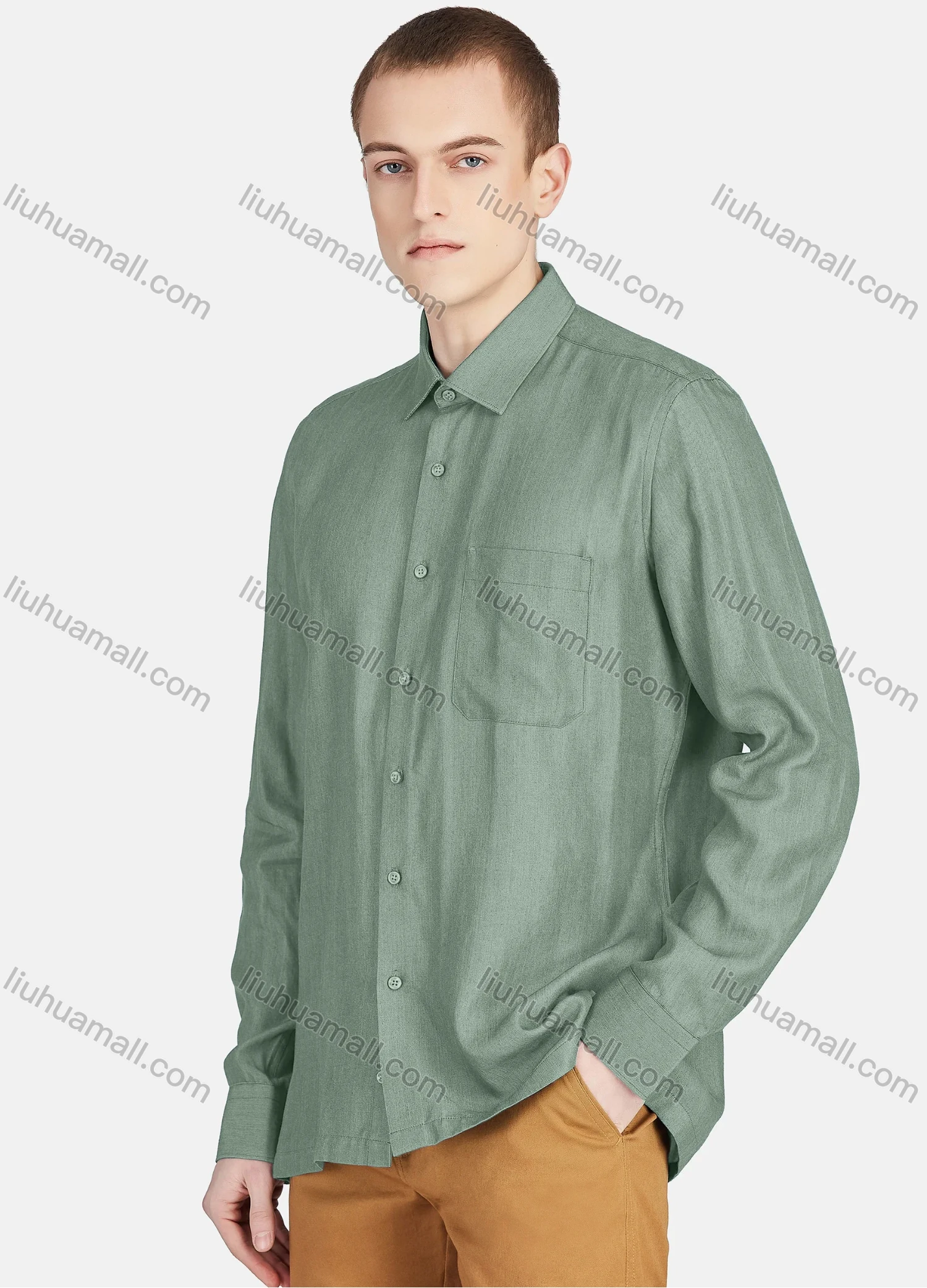 Wholesale Men's Casual Slim Fit Long Sleeve Patch Pocket Button Down Plain Shirt T024-2# - Liuhuamall